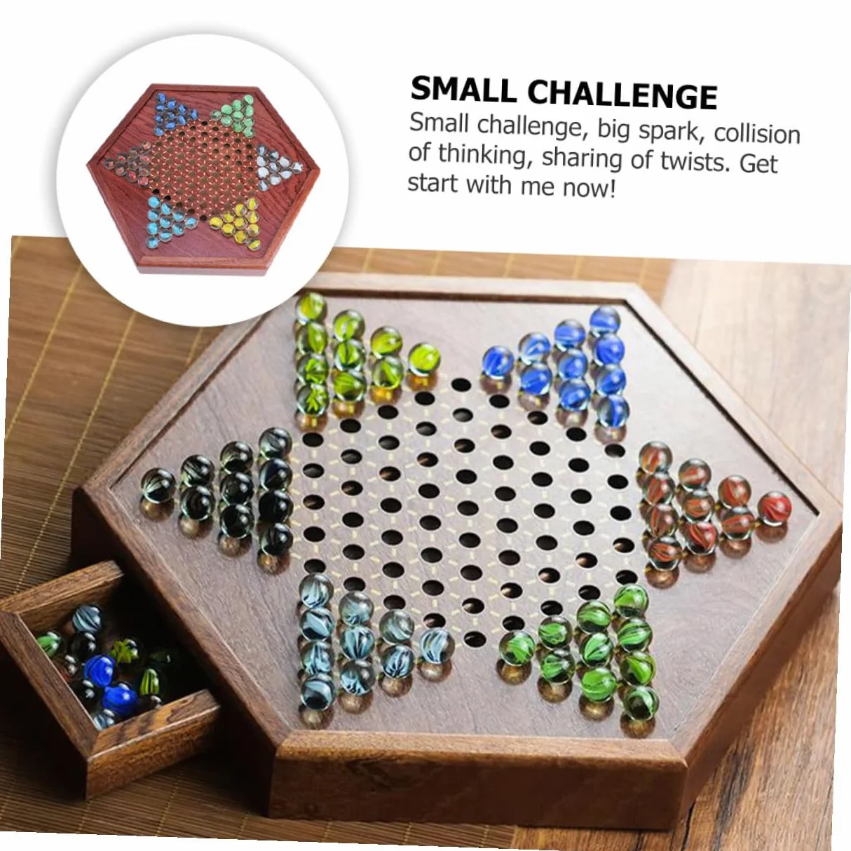Hohopeti Jeu de Dames Chinois Bois avec Tiroir de Rangement Plateau Solide et Billes Verre Colorées Jeu de Stratégie Familial pour Garçon Fille et Adultes