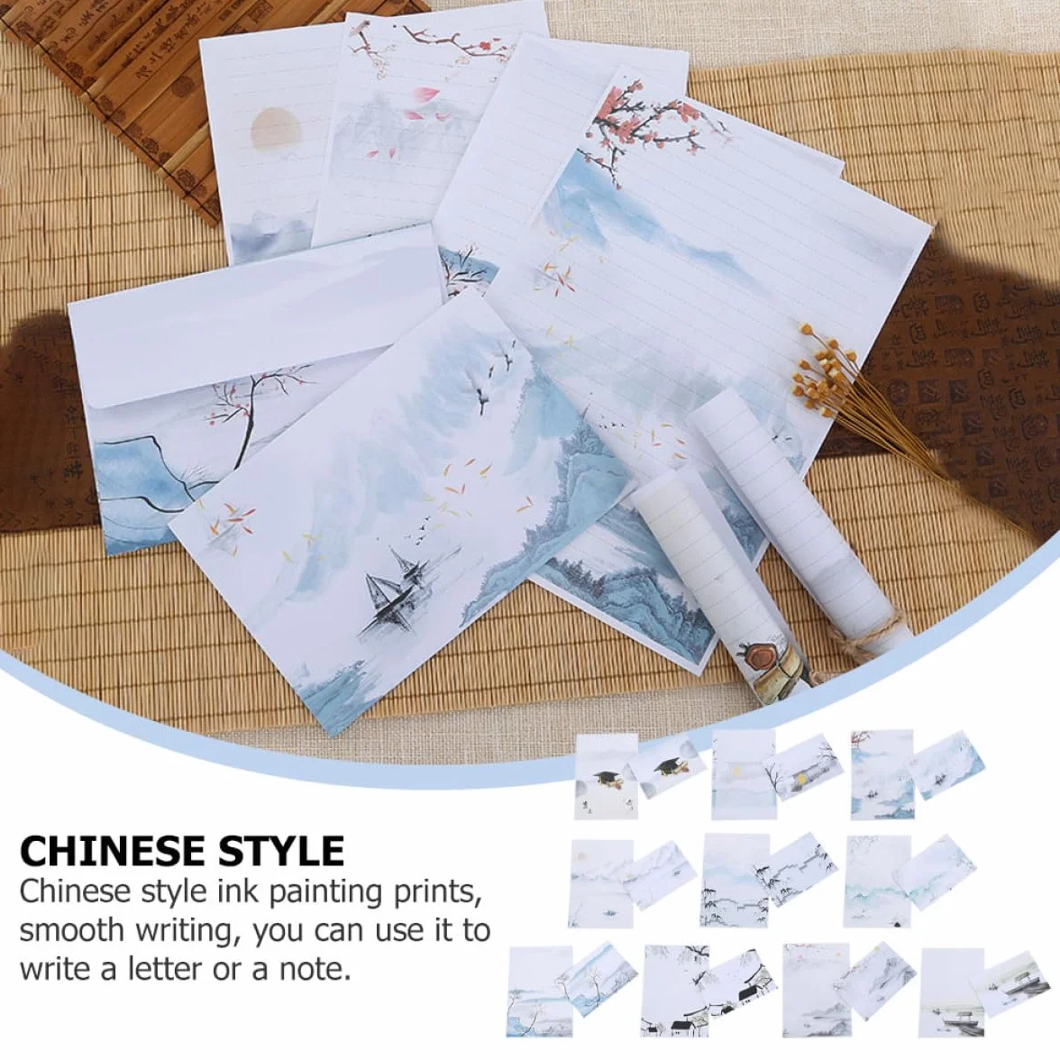 OSALADI Ensemble de Papeterie 10 Sets Papiers à Lettres et Enveloppes, Style Peinture à L'encre Chinoise