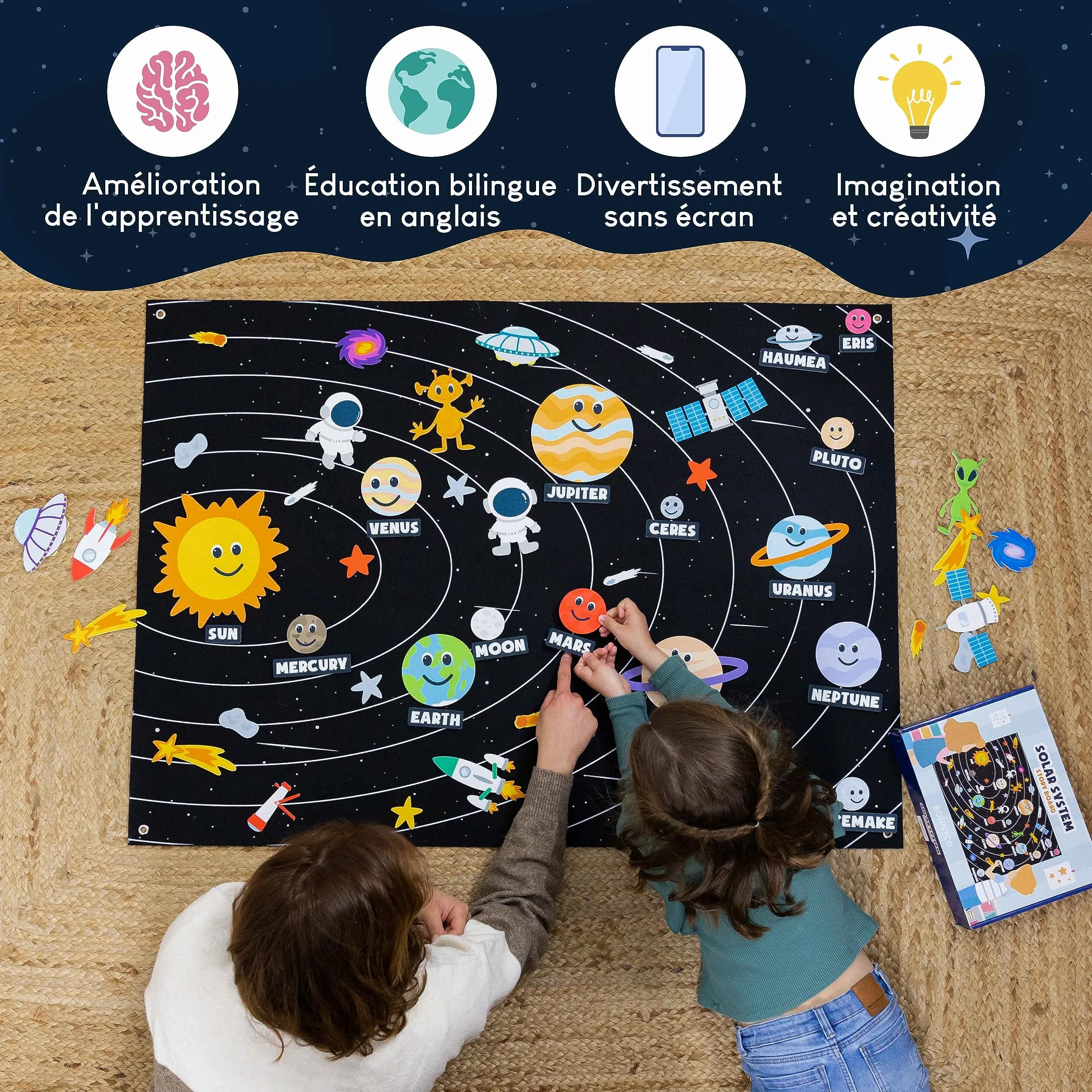 BONNYCO Systeme Solaire Enfant 61 Figurines Feutre Planetes Jouet Montessori Educatif Cadeau Garcon Espace 3 4 5 6 7 8 Ans