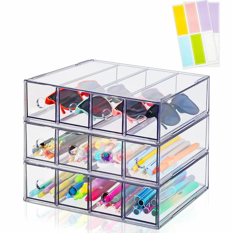 Lot de 3 boîtes de rangement de bureau avec 8 tiroirs en acrylique empilables - Organiseur transparent pour maquillage et lunettes de soleil