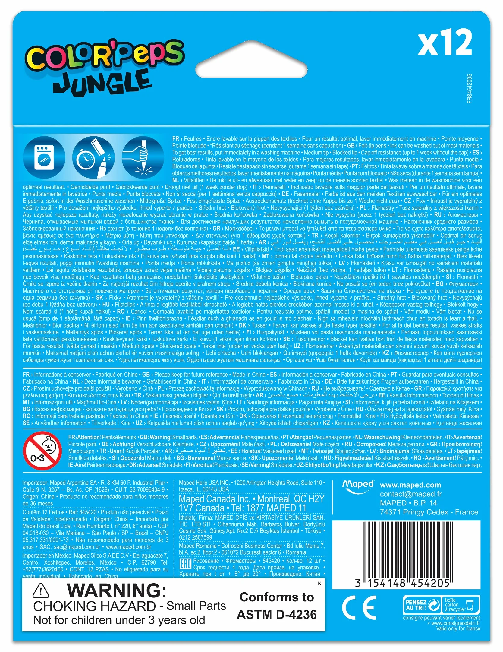 Maped Feutres Jungle Color’Peps 12 Feutres de Coloriage Lavables Pointe Moyenne Bloquée Couleurs Vives Pochette Carton