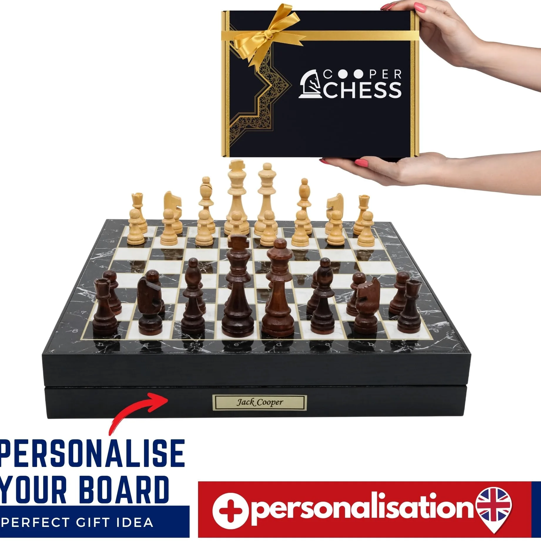 Jeu d'échecs de rangement personnalisé | 36 cm | Dames et pièces d'échecs en bois, courants d'air