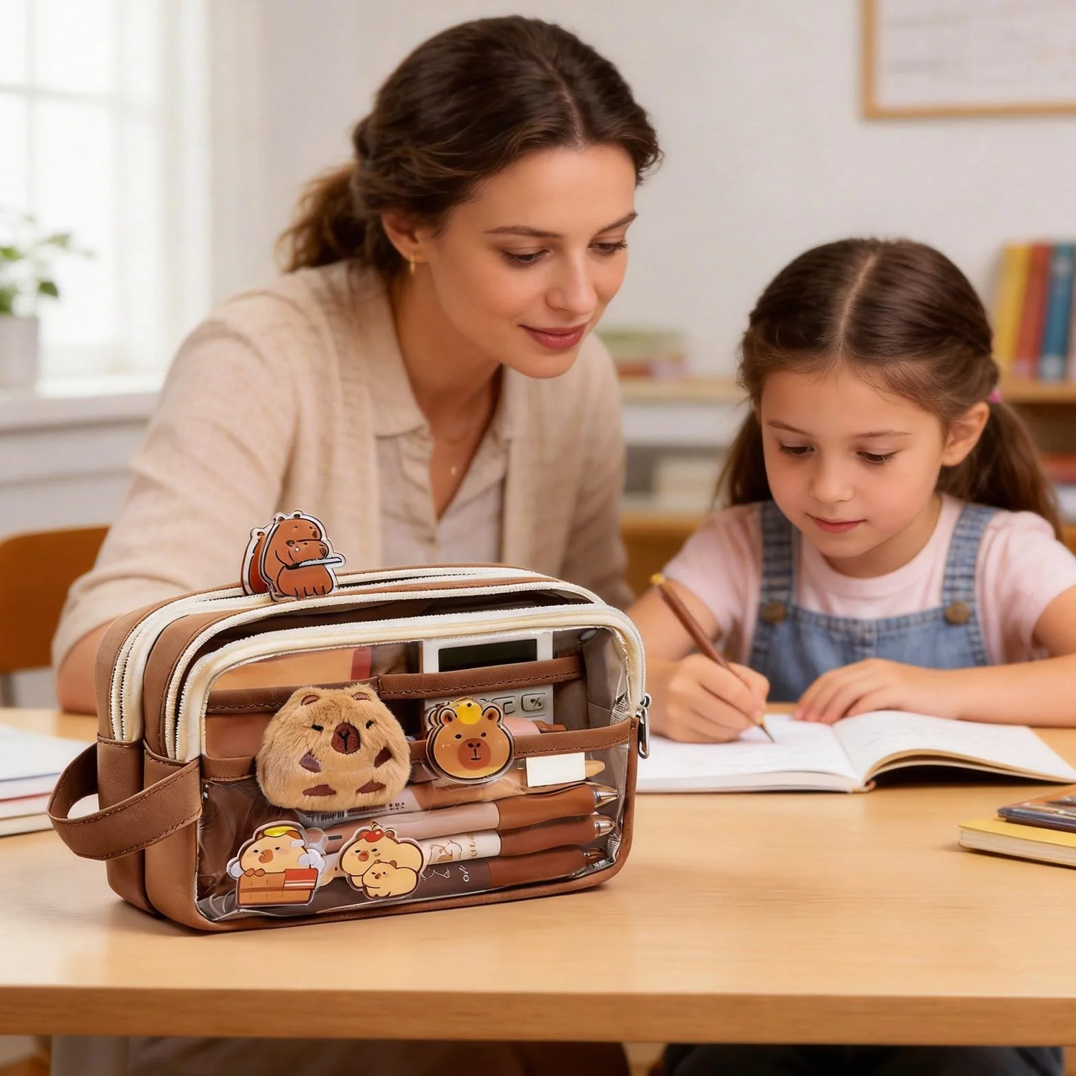 Trousse Capybara Kawaii Ensemble Papeterie avec Stylo Règle Autocollants Pins Porte-clés Blocs-Notes Grande Capacité Bureau École
