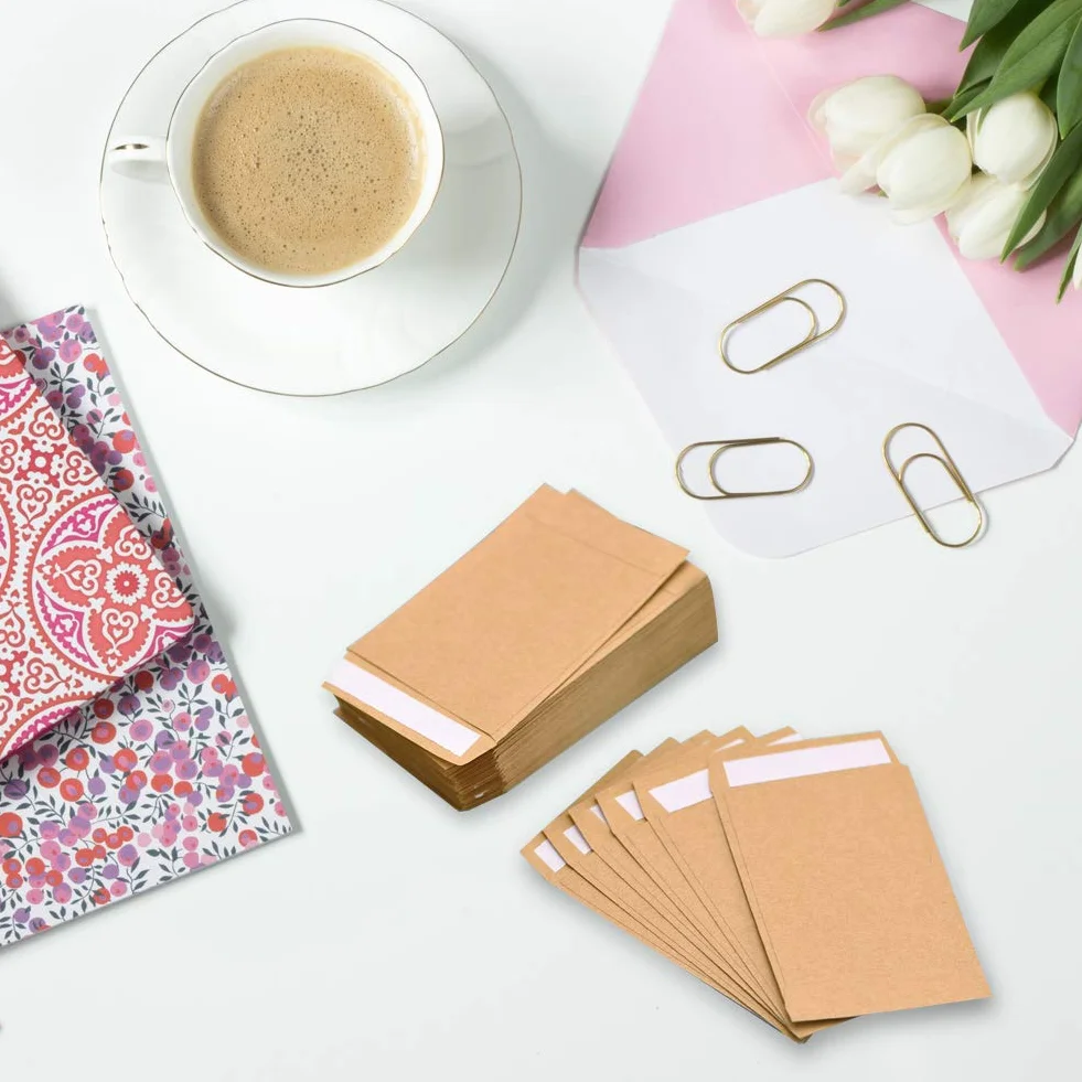 150 mini enveloppes papier kraft autocollantes pour pièces de monnaie, bijoux, timbres