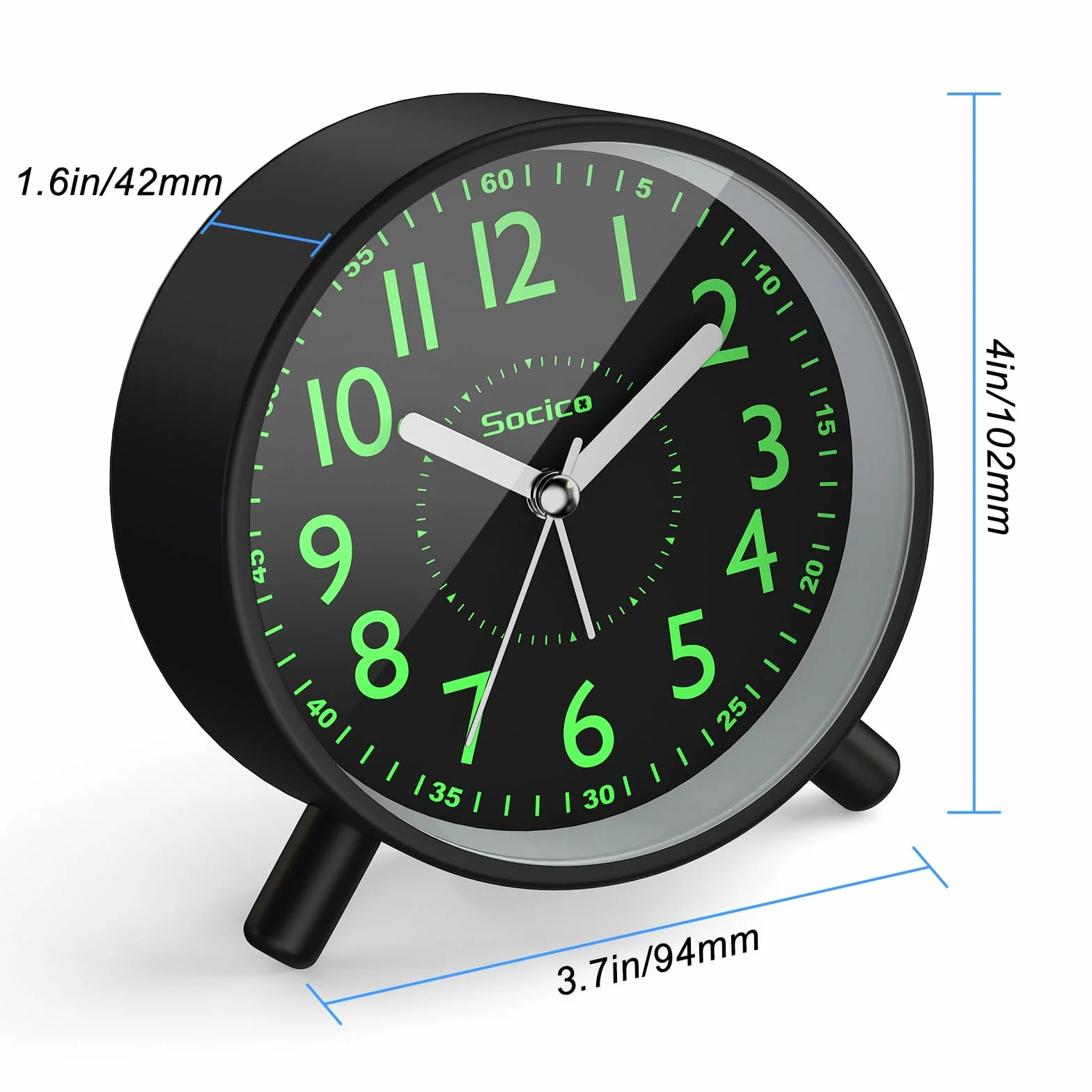 SOCICO Réveil Analogique Horloge de Chevet Rétro Ronde Métal Piles Veilleuse Fonction Snooze Noir