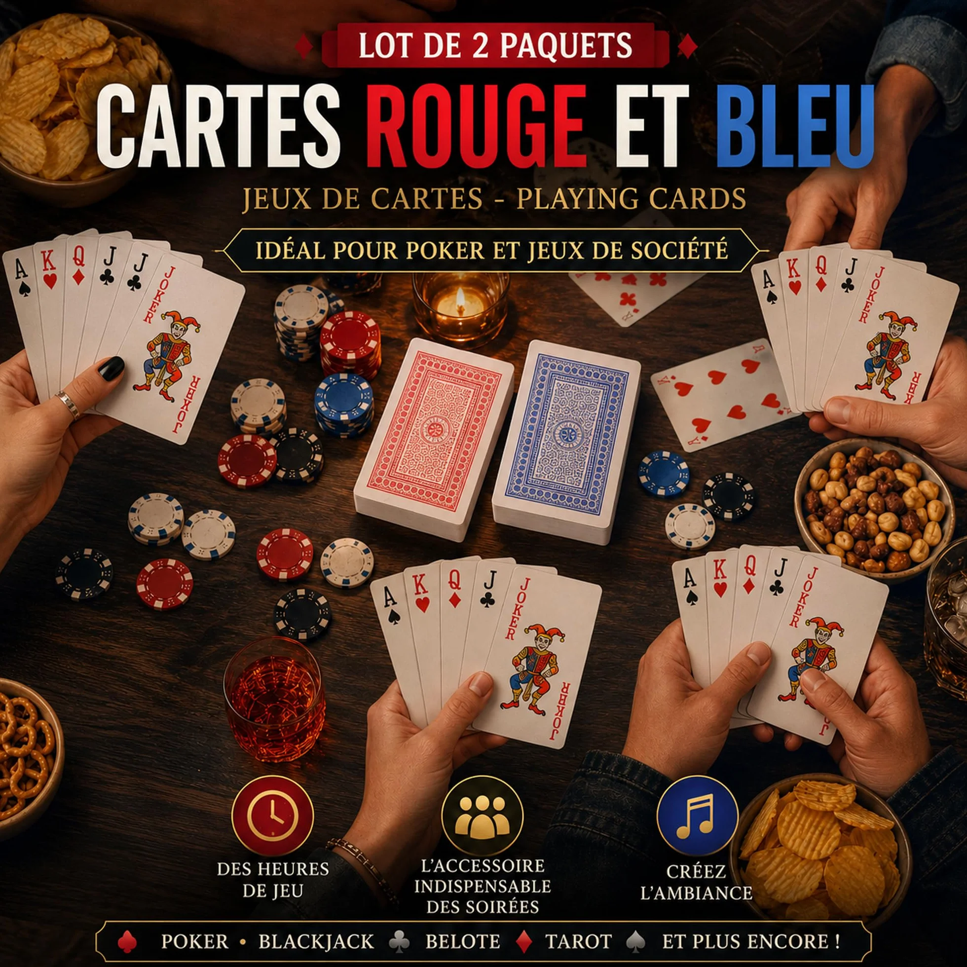Jeux de Cartes Rouge et Bleu Lot de 2 - Cartes à Jouer pour Poker et Jeux de Société
