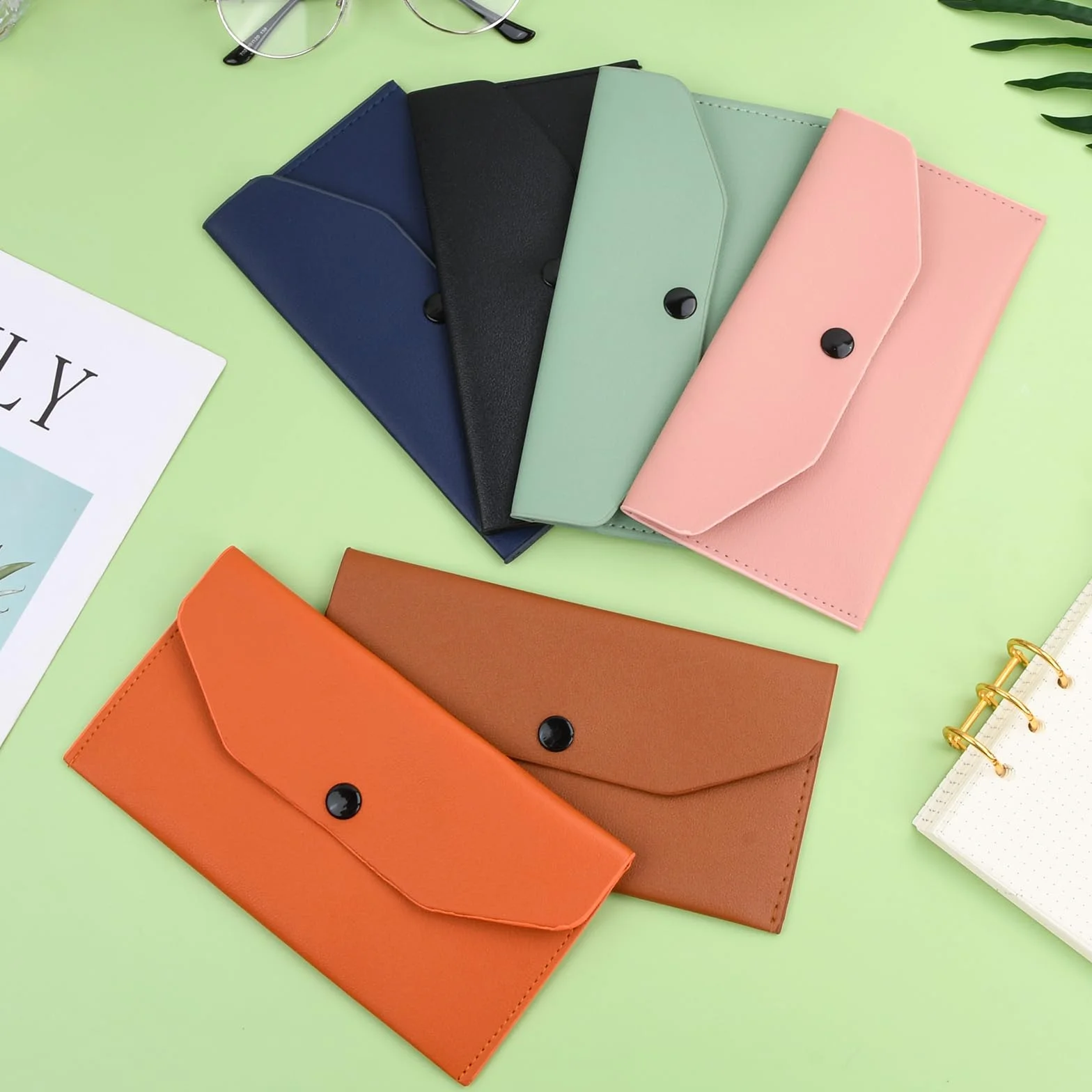 Portefeuille Enveloppe Cuir Synthétique 6 Pièces, Pochette Billet Imperméable Réutilisable 18x9,5cm