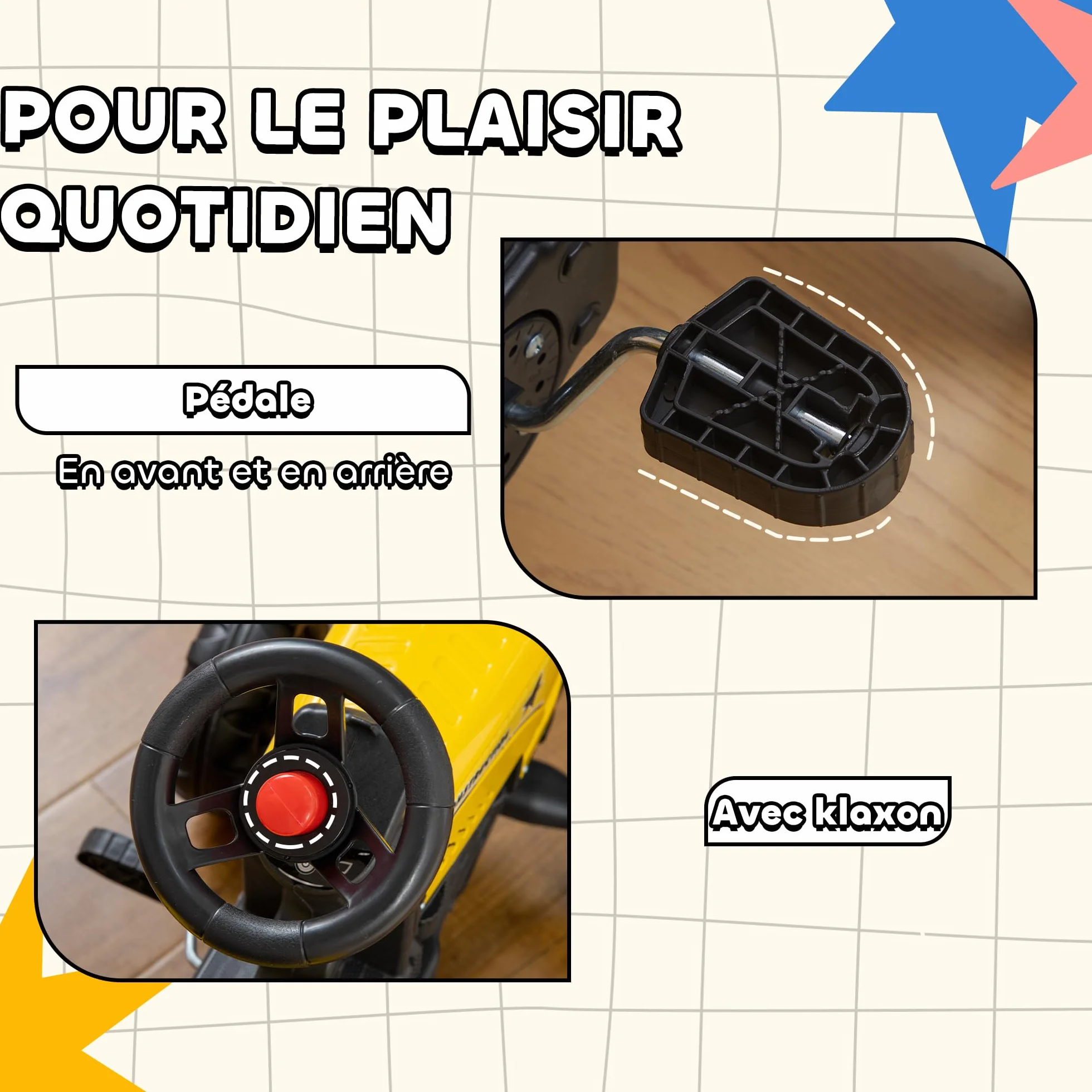 HOMCOM Tracteur à pédales 6 Roues avec remorque, râteau et pelle, Charge 35 kg, pour 3+ Ans, Jaune
