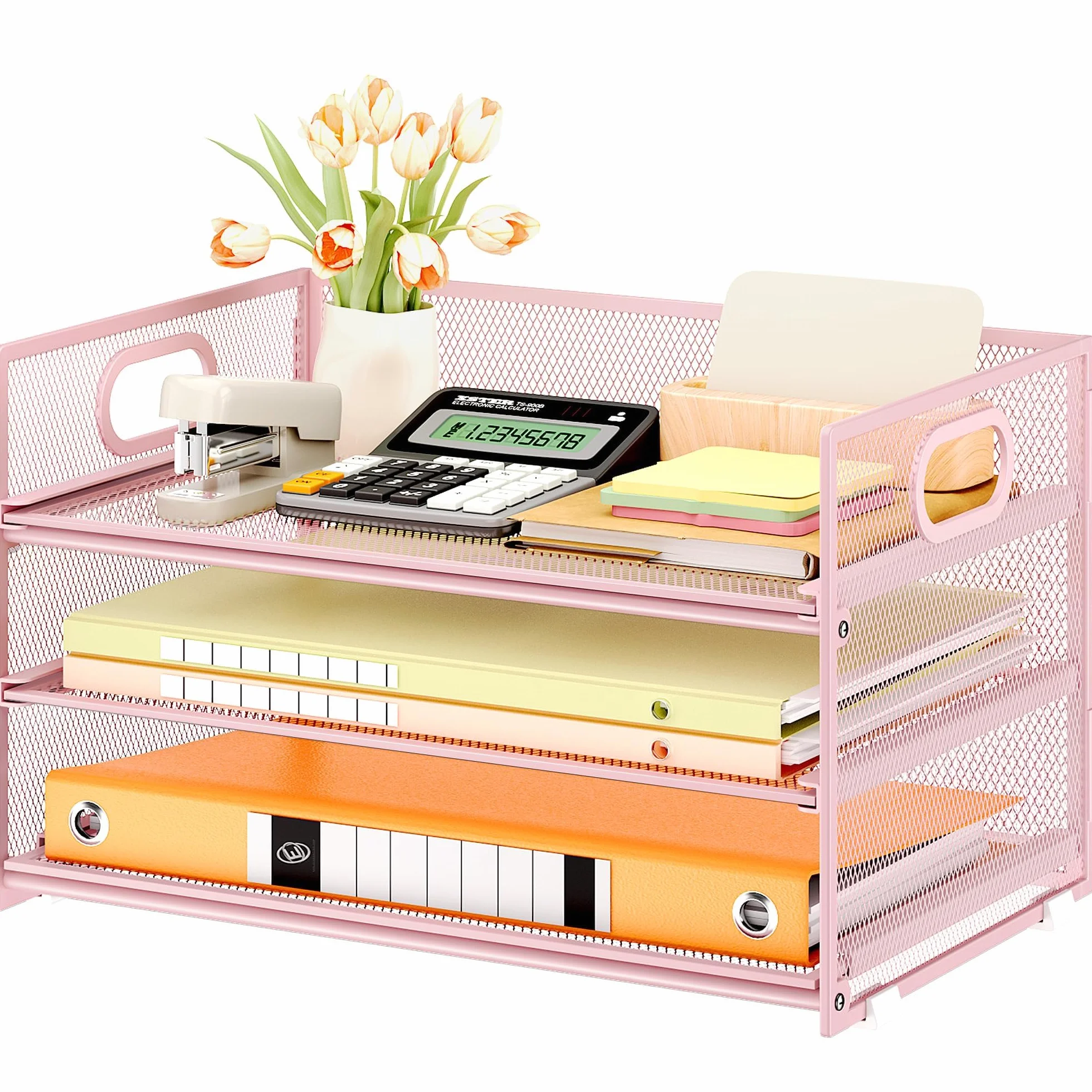 VITVITI Organiseur de Bureau 3 Étages avec Poignée, Pochette A4, Rangement Treillis Métallique Rose