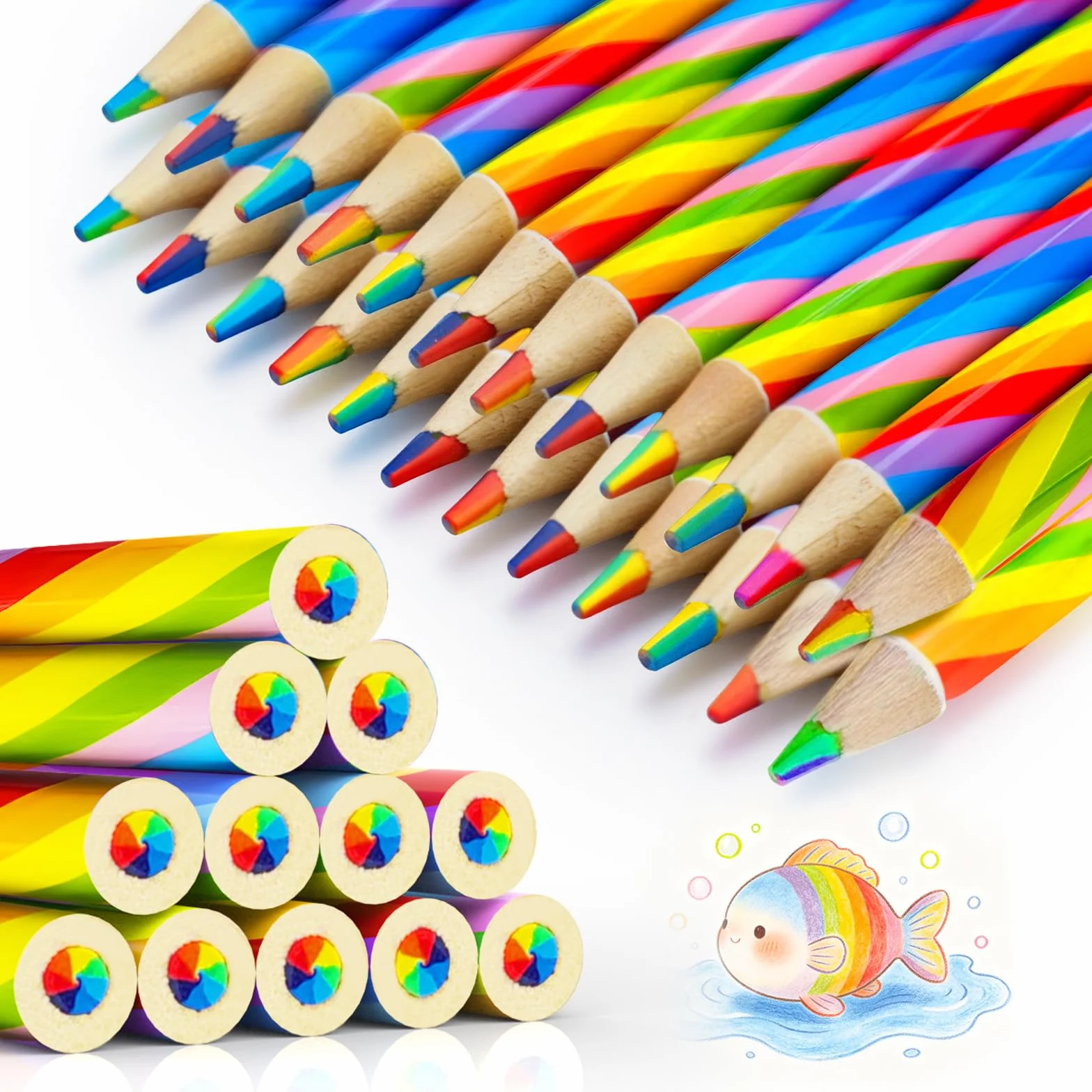 Crayons de couleur arc-en-ciel en bois 7 en 1 lot de 24 pour enfants adultes fournitures artistiques
