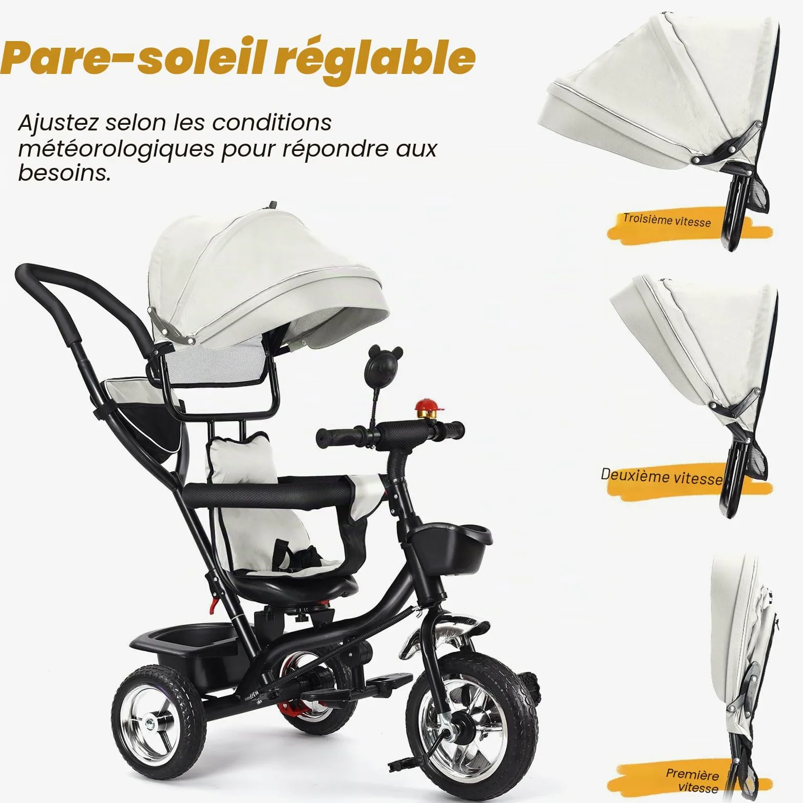 Poussette 3 Roues HUOLE, jusqu'à 25 kg, Trois Roues 3 /Pliable d'une Main/Légère - 7,5 kg/Porte Gobelet Inclus/Grande Panier -4 en 1 - gris clair