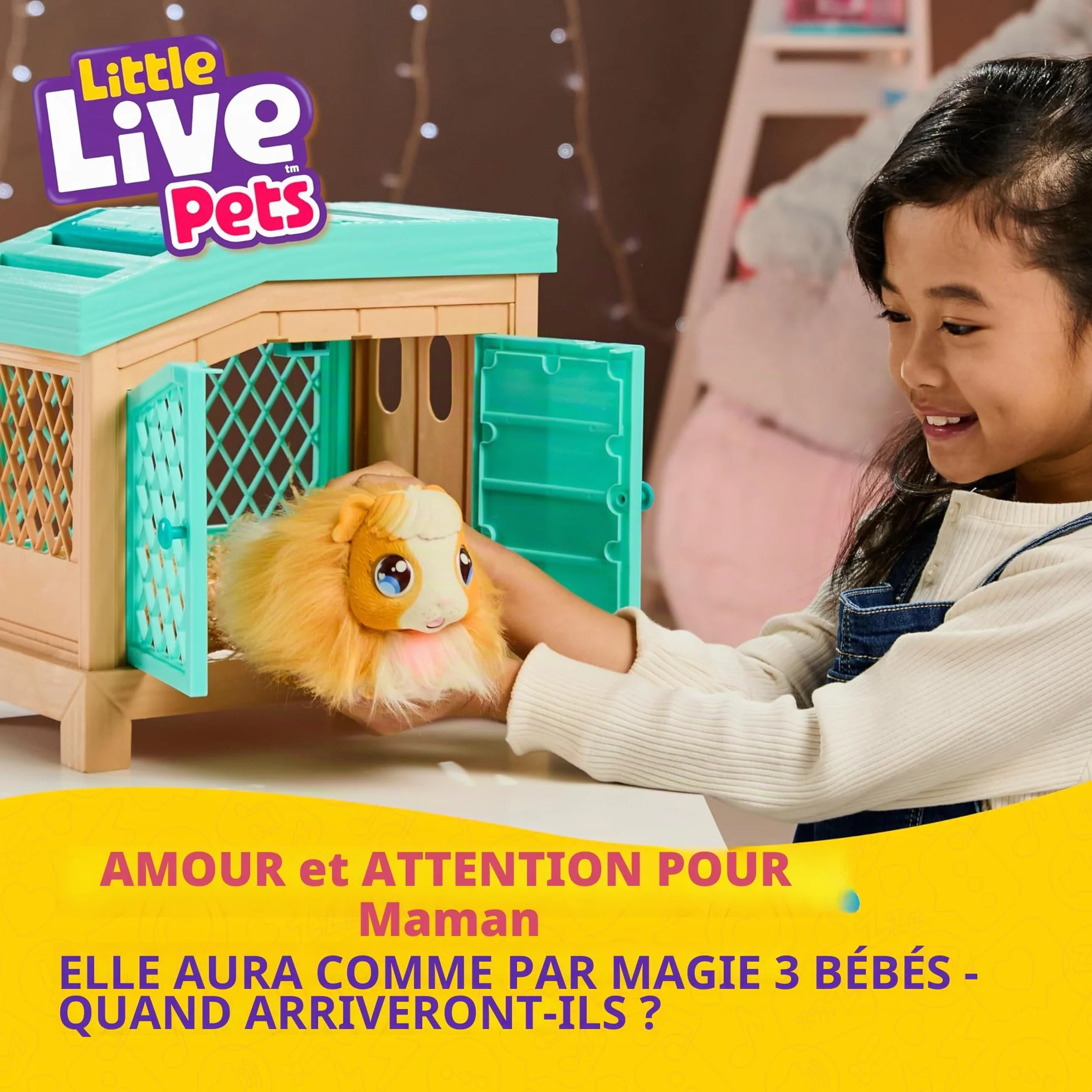 LLP Little Live Pets Mama Surprise Maman Cochon d’Inde Interactive Pelage Doux avec Clapier et 3 Bébés Surprises Sons et Réactions