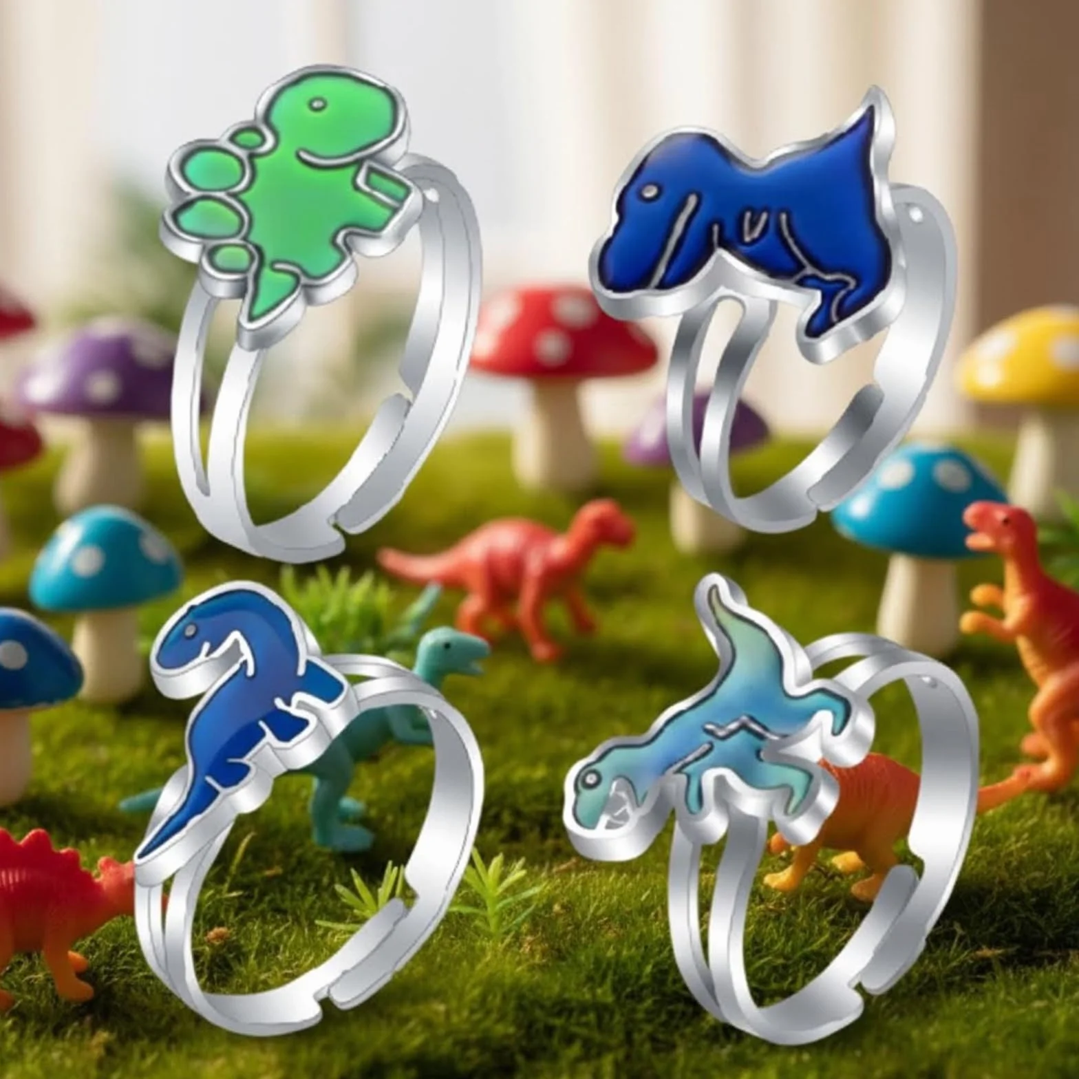 Bagues dinosaures d'humeur, bagues à changement de couleur réglables, jeu de 4