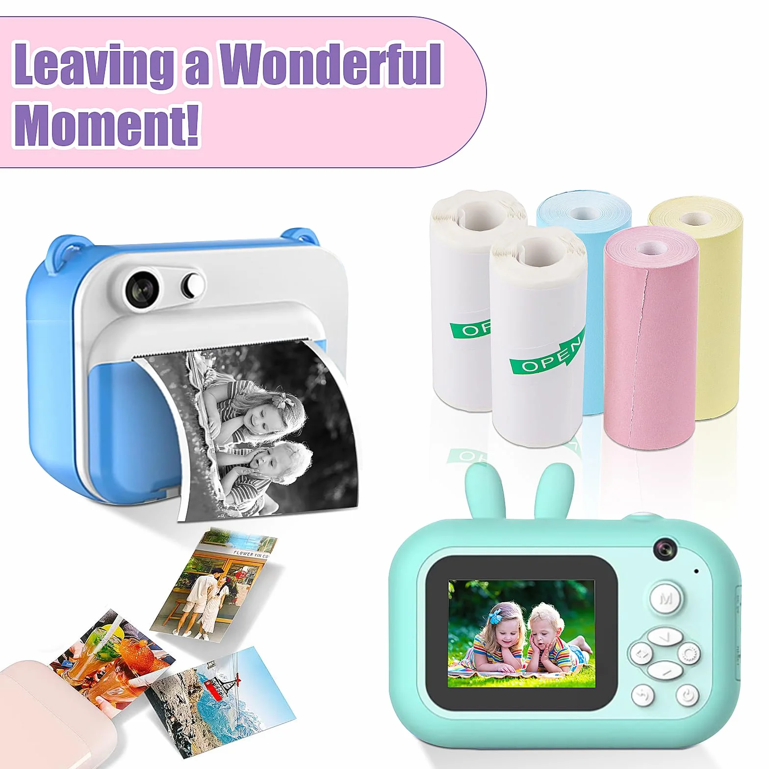 Lot de 20 rouleaux d'autocollants pour mini imprimante, papier thermique blanc et multicolore pour appareil photo enfant