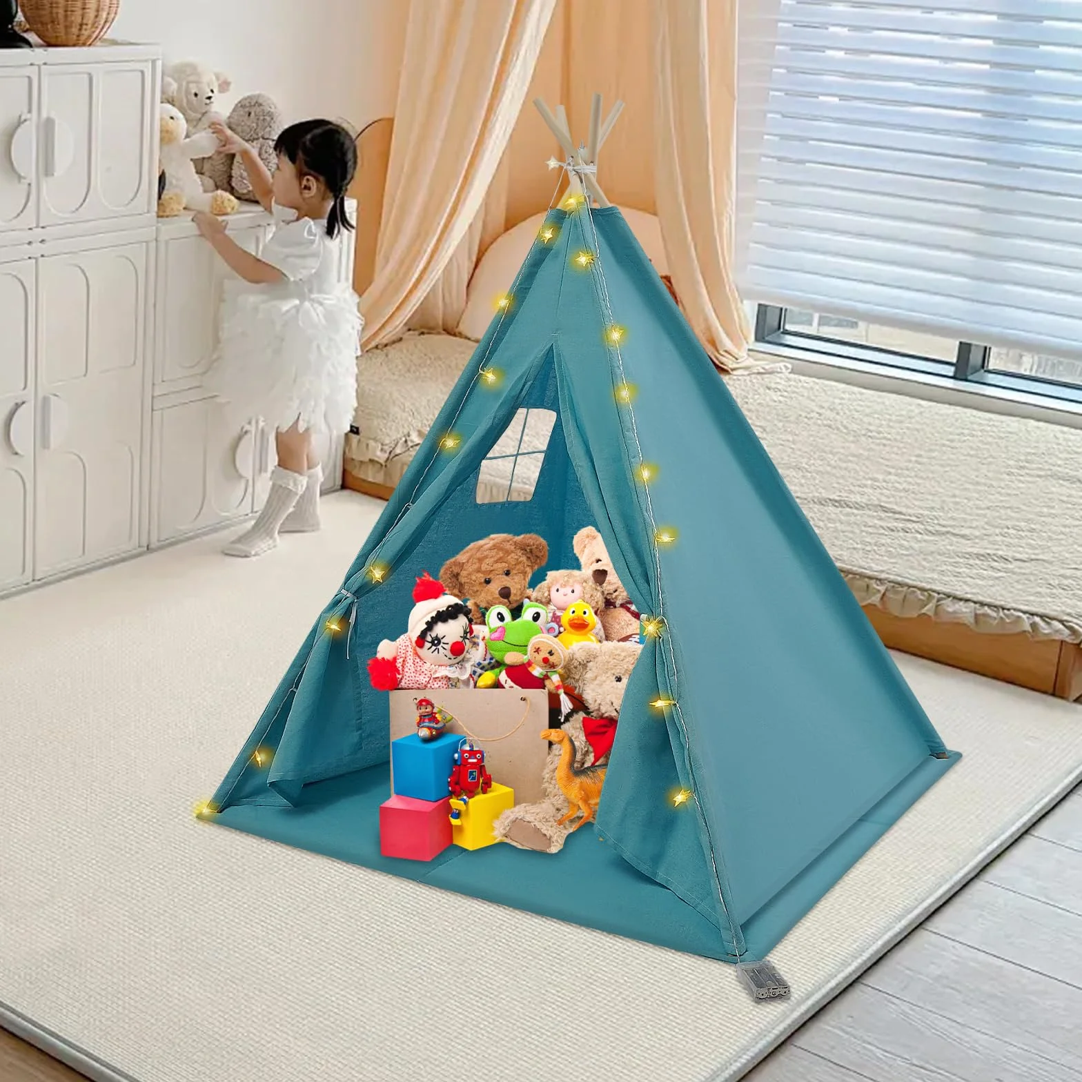 Tente Tipi pour enfant avec tapis de sol et guirlande lumineuse - Tente de jeu pliable en coton 120 x 120 x 140 cm Bleu
