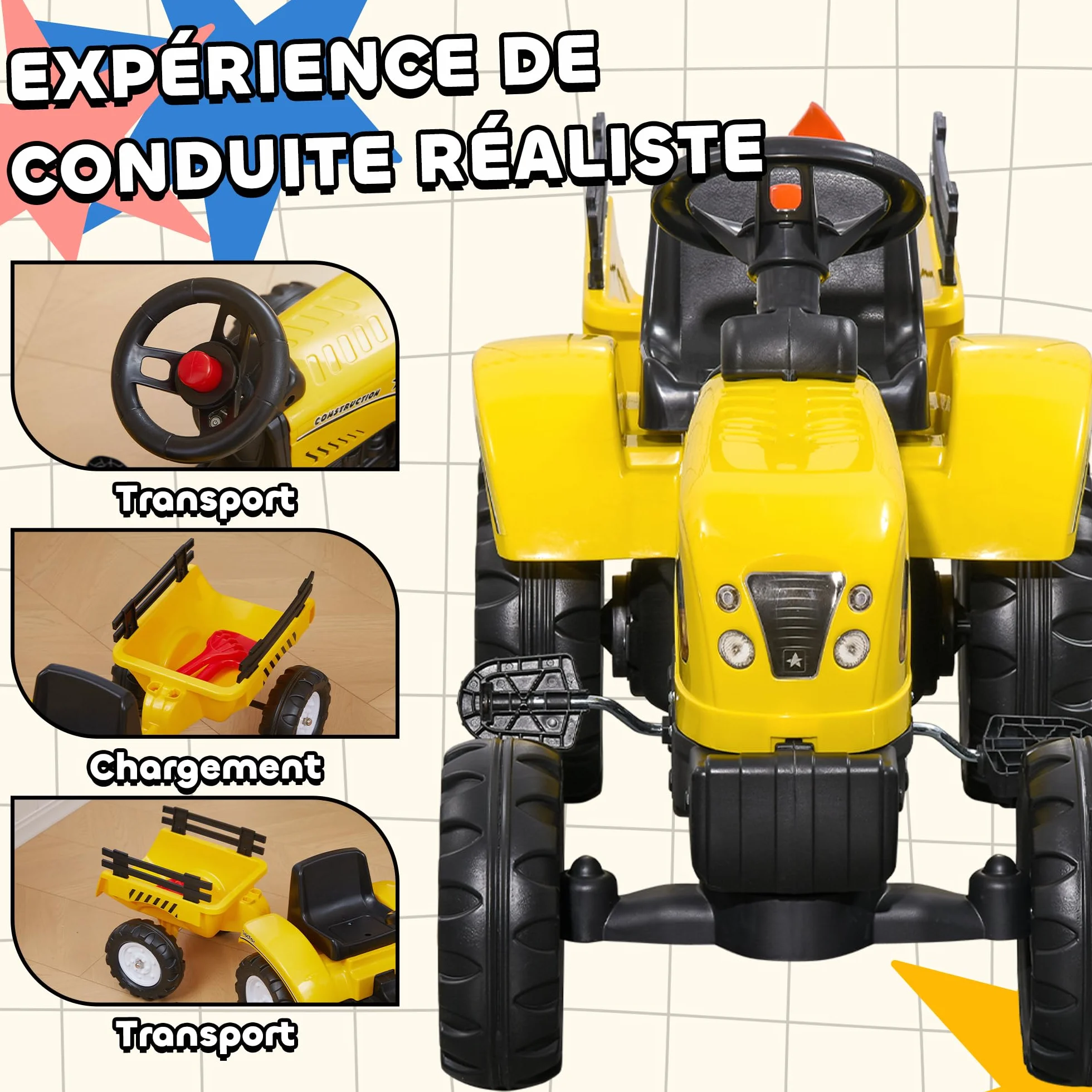 HOMCOM Tracteur à pédales 6 Roues avec remorque, râteau et pelle, Charge 35 kg, pour 3+ Ans, Jaune