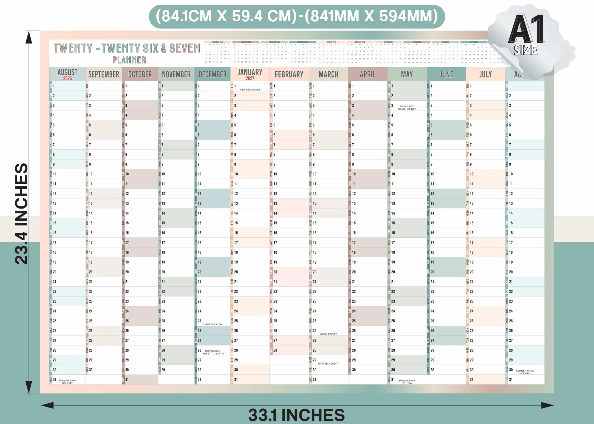 Agenda mural 2026-2027 A1 calendrier académique annuel grand planificateur août à août poster 59,4 x 84,1 cm