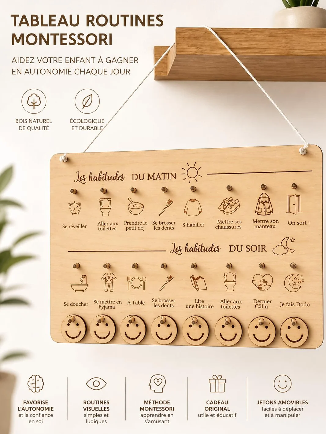 Tableau Routine Enfant Montessori Bois – Planning Journalier Habitudes Quotidiennes Matin Soir – Autonomie Enfant Smileys