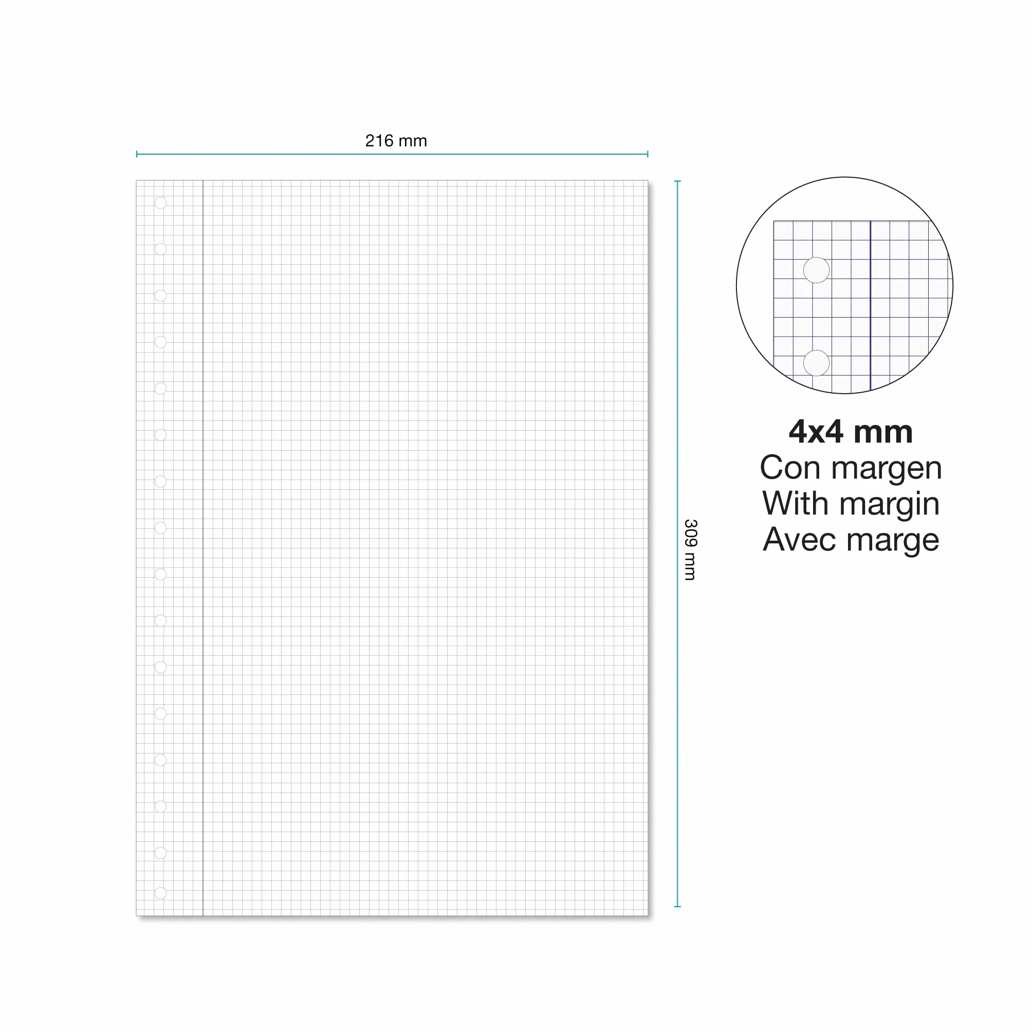 Miquelrius Bloc de recharge 215 x 309 mm 100 feuilles quadrillées 4x4 mm Papier 90 g/m² Recharge perforée pour classeur
