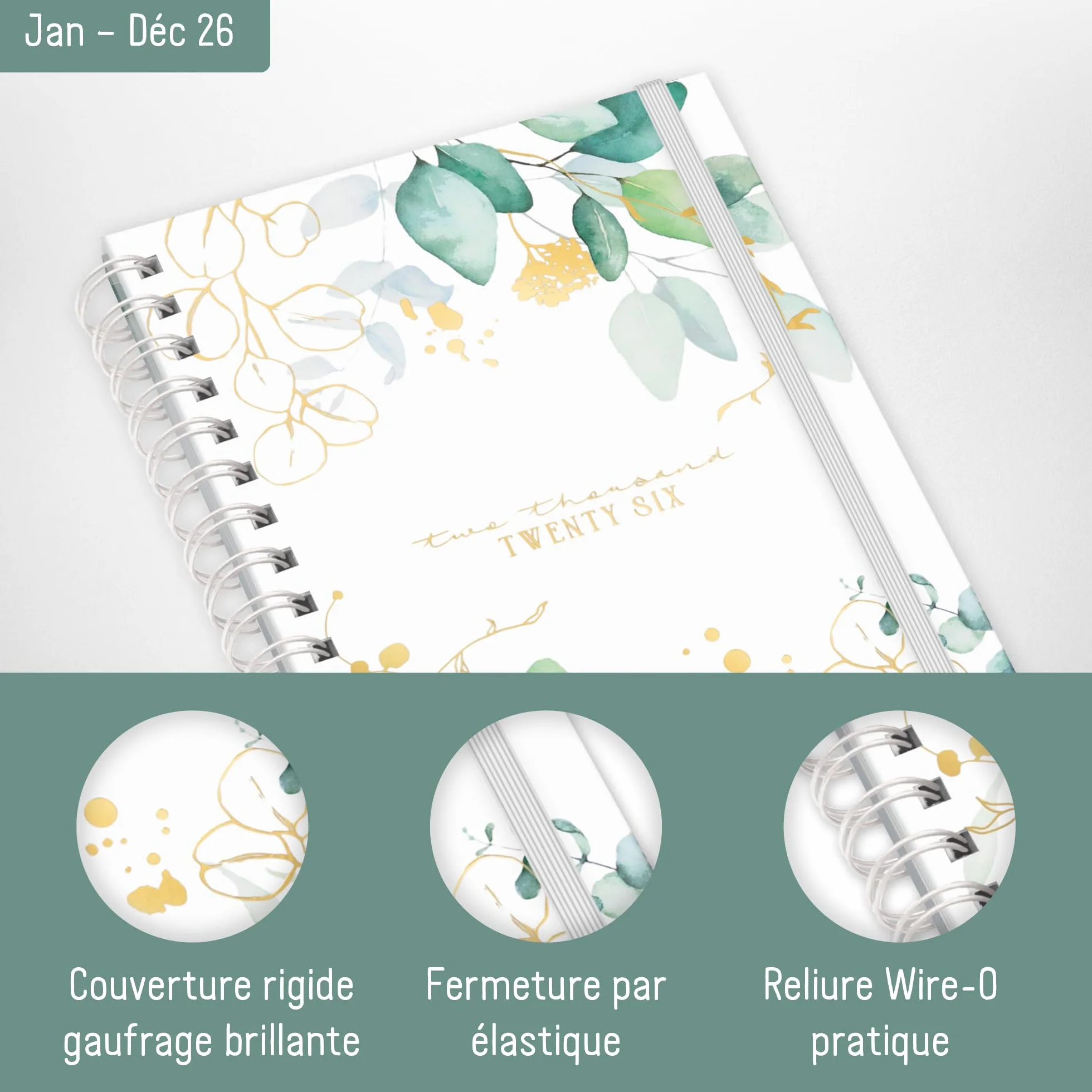 Häfft® Calendrier international 2026 A5 Feuille d´or reliure spirale EN/FR/IT/ES agenda personnel life planner durable