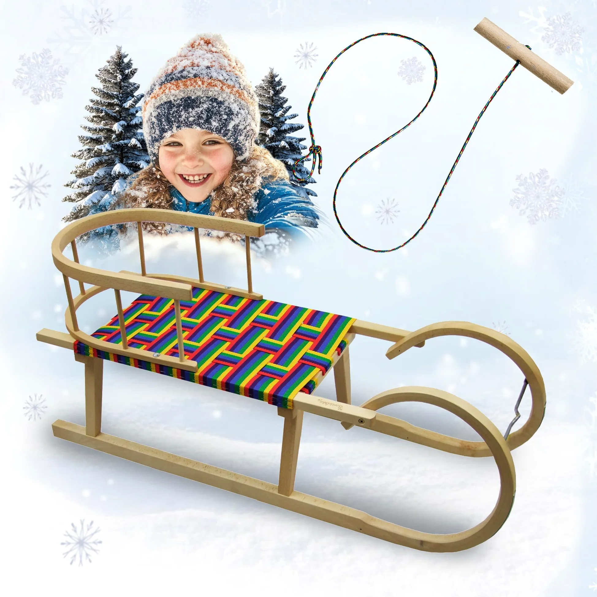 Luge à cornes [Luge à cornes en bois] avec dossier, corde de traction, ferrures de patins en acier léger, 100 cm, en bois de hêtre, avec siège de sangle, fibres synthétiques avec dossier, pour 2