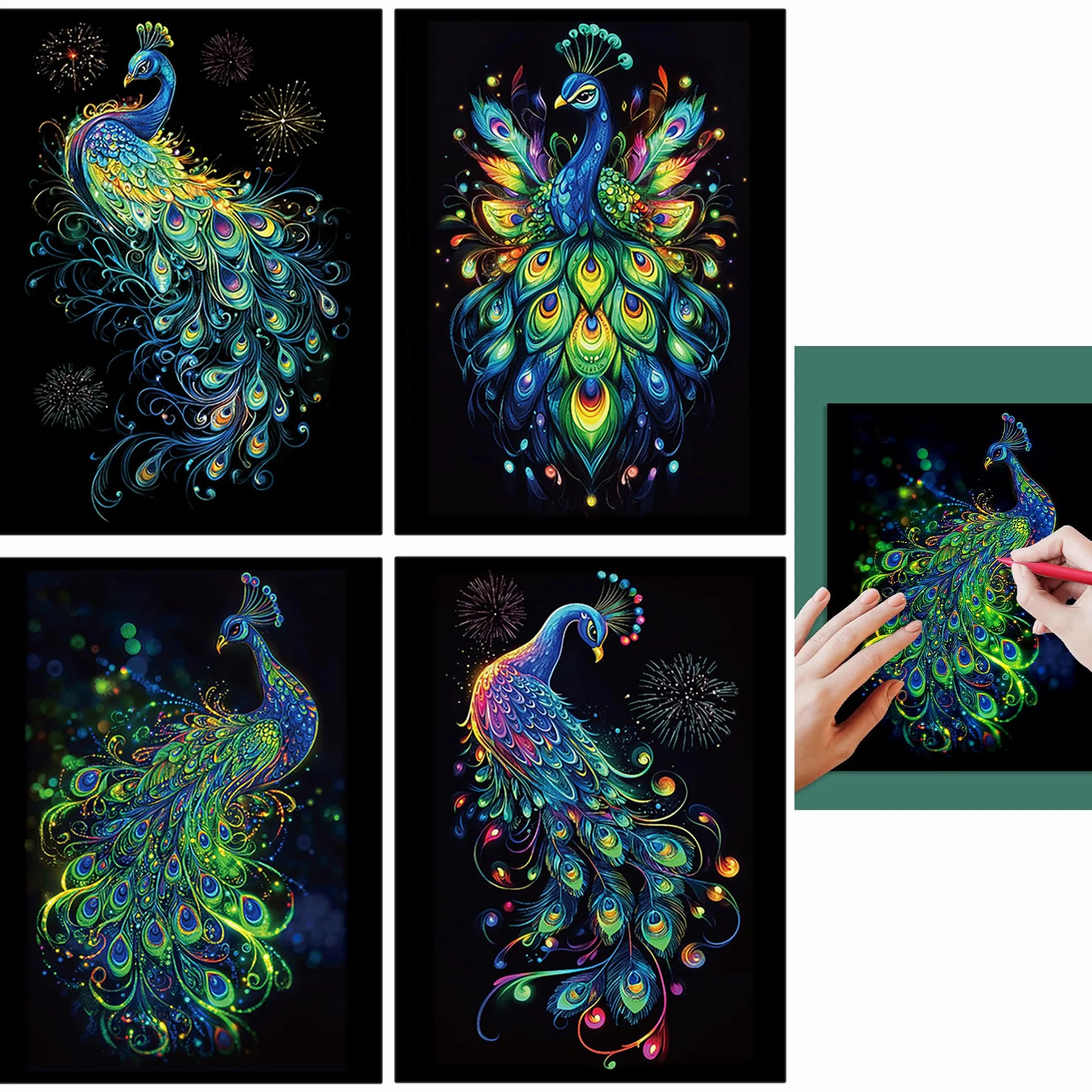 Peintures Carte à Gratter Scratch Painting Peacock Series 4 Feuilles 28,5x21 cm Papier Couché Couleur Glow in the Dark Avec Stylos Pour Adultes Enfants