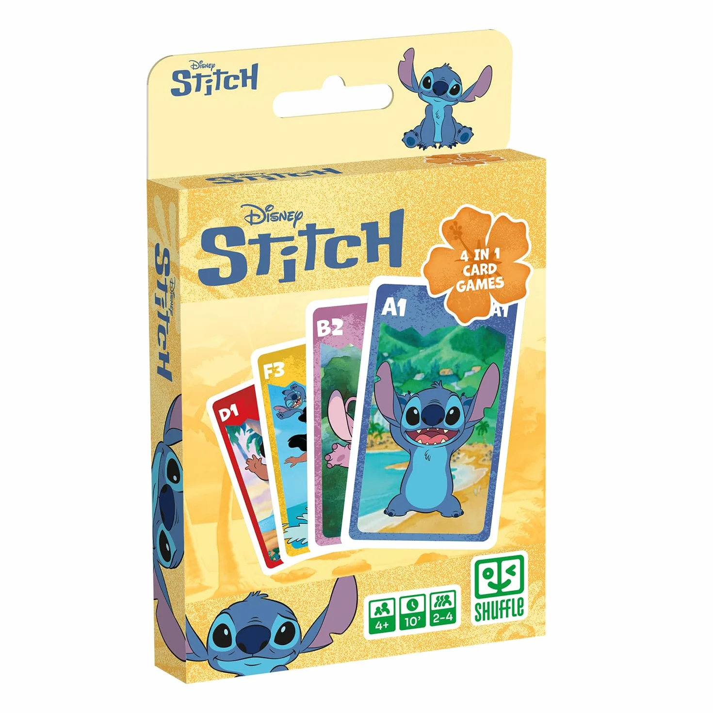 Shuffle Jeu de Cartes 4 en 1 Stitch - 7 Familles, Bataille, Mémo et Action - Disney Lilo & Stitch pour Enfants dès 4 Ans