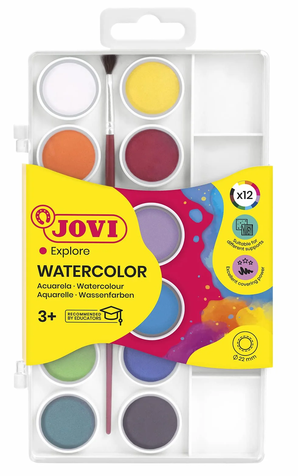 Jovi Kit Aquarelle 12 Godets 22mm Couleurs Brillantes Peinture à l'Eau