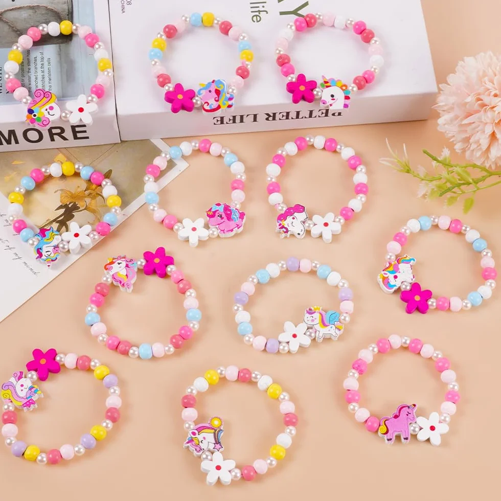 Bracelet Enfant Fille Coloré Bois Fleur Coeur Papillon Bijoux Élastique