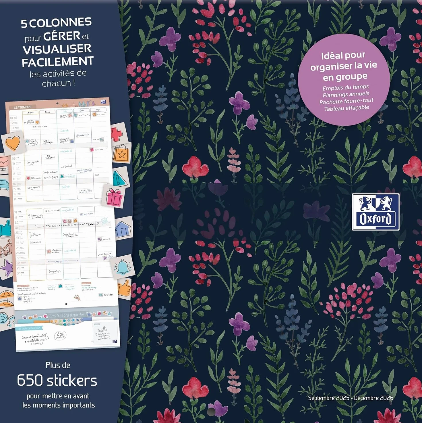 OXFORD Calendrier Planning Mural Familiale Flowers 16 Mois Septembre 2026 à Décembre 2027 30 x 30 cm
