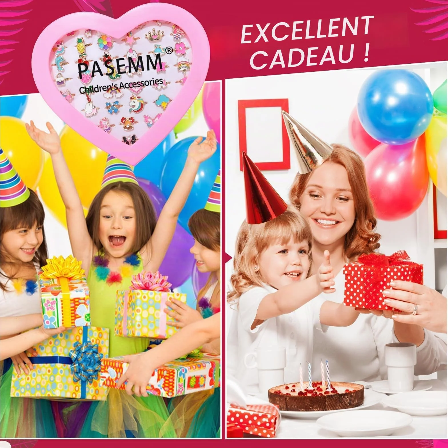 Bagues Enfant Fille Réglables en Métal Coloré, Dessin animé Motifs Aléatoires, Cadeau 4-12 Ans, Boîte Cœur Rose