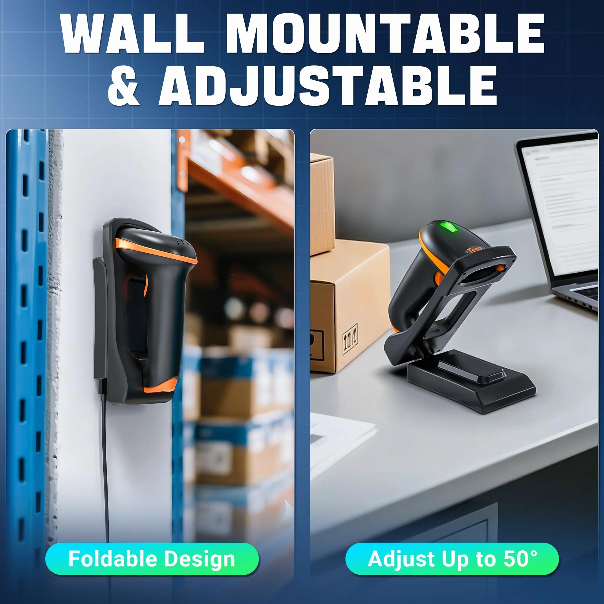Tera D5100-CR Lecteur de Code Barre Mural sans Fil 2,4 GHz USB 2.0 Scanner Manuel 1D 2D QR avec Support Pliable