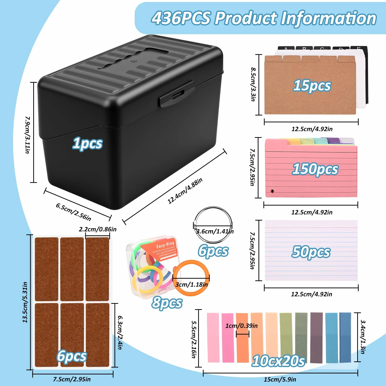 Boîte à Cartes A7A8 avec 436 Cartes Lignées Colorées, Organisateur de Révision pour École et Bureau
