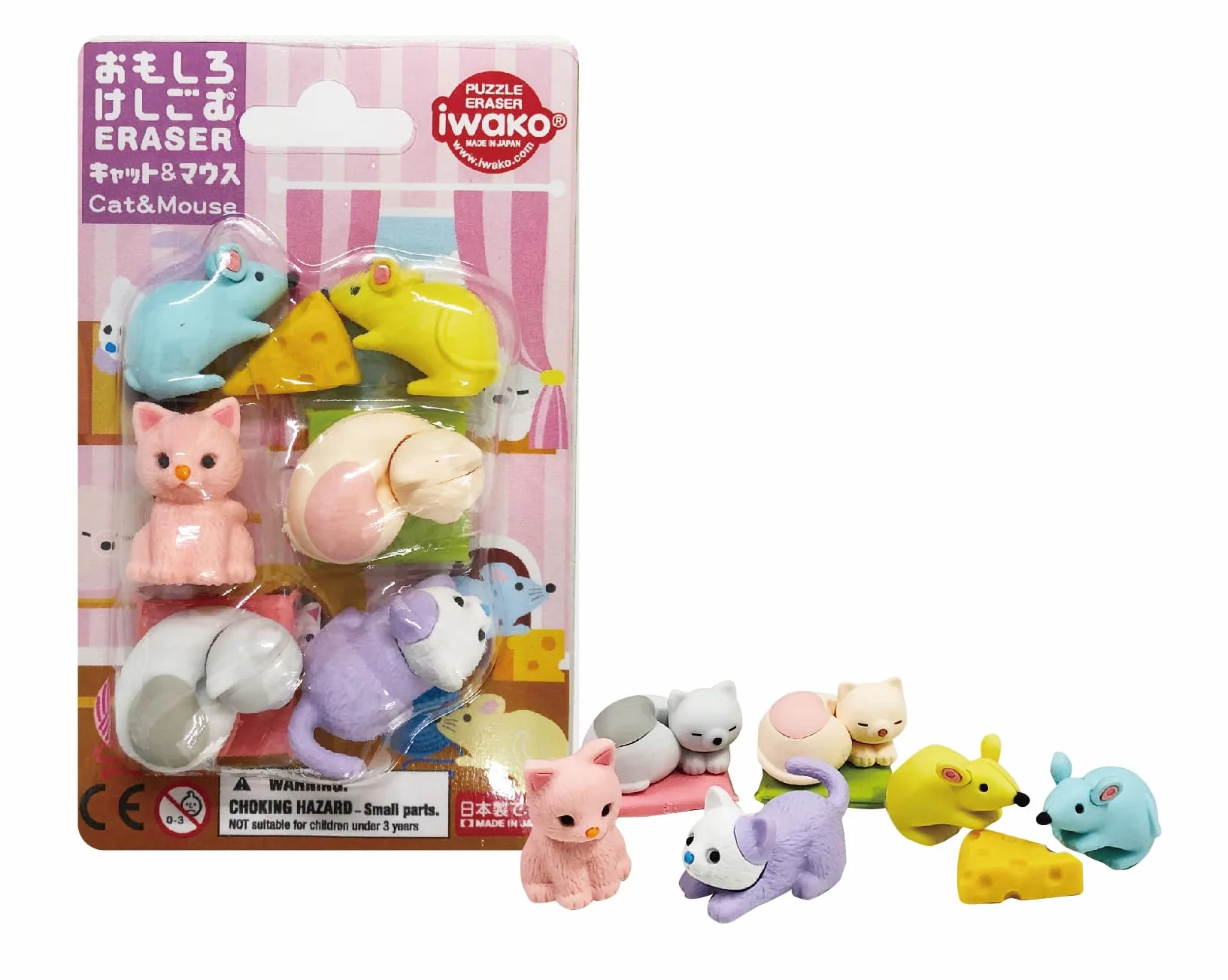 Iwako Lot de Gomme Kawaii Puzzle Chat et Souris - Made in Japan - Mini Gomme Animaux - Enfant Dès 3 ans
