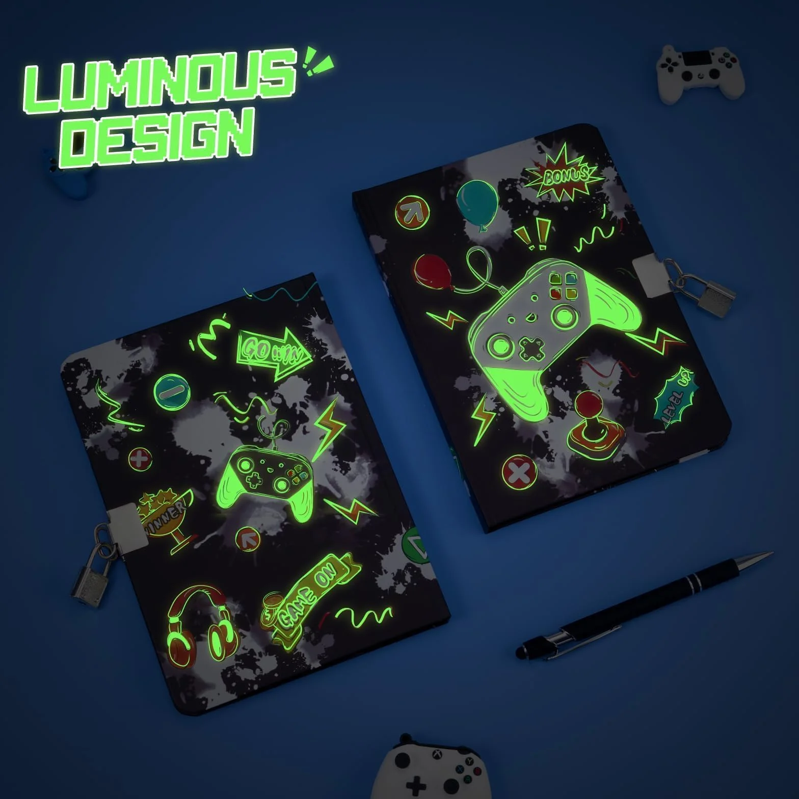 WERNNSAI Kit journal de jeu garçons - Journal lumineux enfants cadenas clés stylo autocollants carnet écriture ligné A5 jeux vidéo