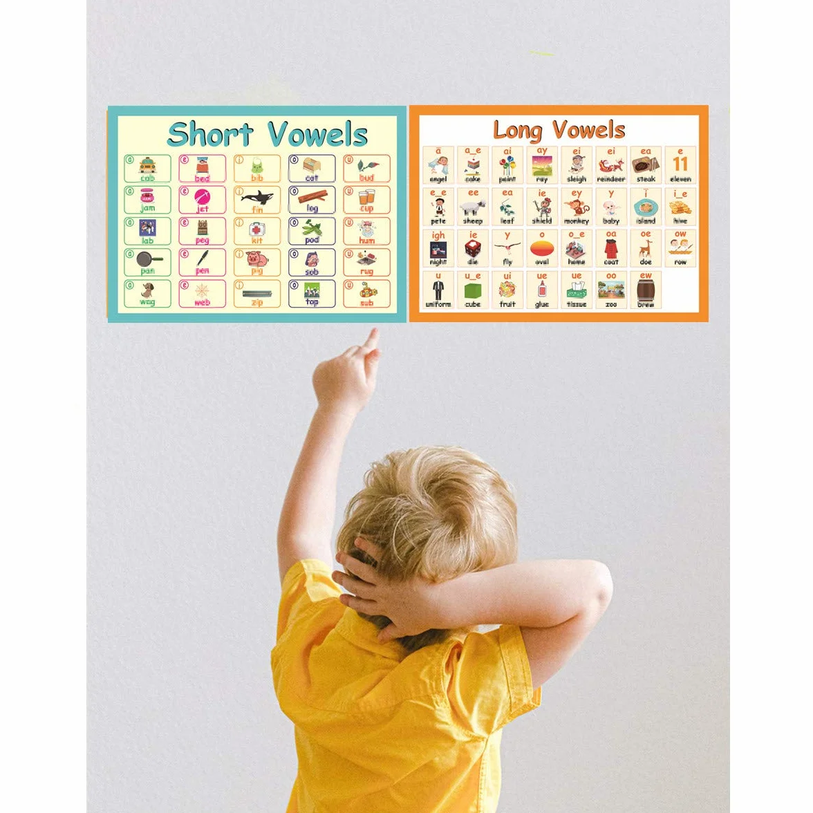 YIYEE 2 pcs Preschool English Poster for Toddlers Kids English Learning Wall Long & Short Vowel Charts 16"x 23.6" English Version