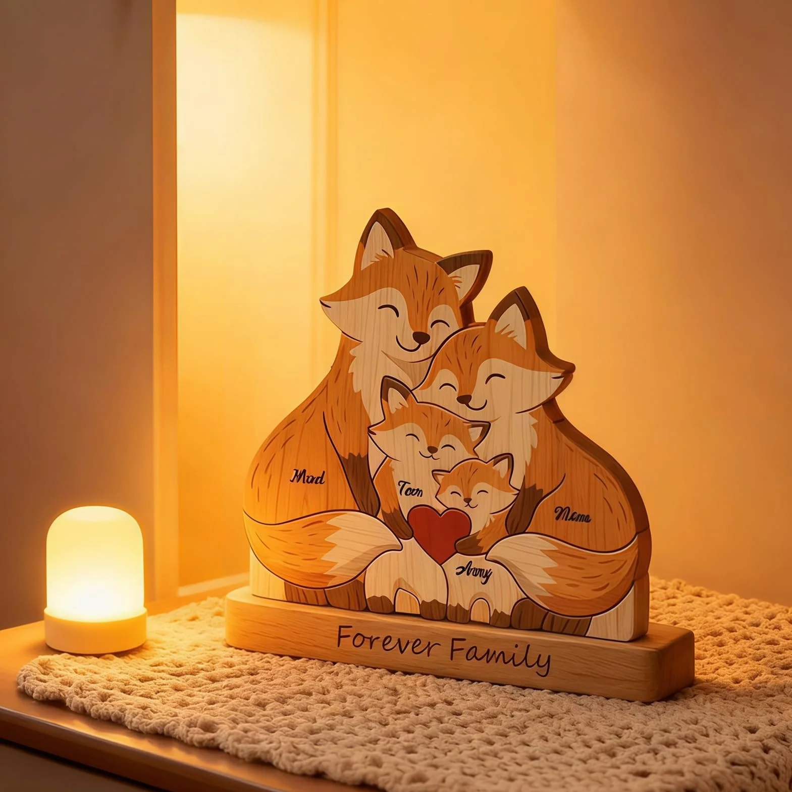 Drawelry Puzzle en Bois Personnalisé Famille avec Figurine Animale Gravée, Décoration Maison Cadeau pour Maman Papa Enfant Renard-A