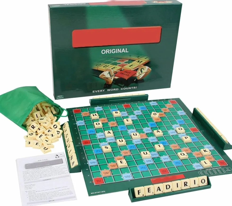 Jeu de Société Éducatif Mots Classique avec 100 Lettres Plateau 4 Chevalets Sac Apprentissage Orthographe Enfants 6 Ans+