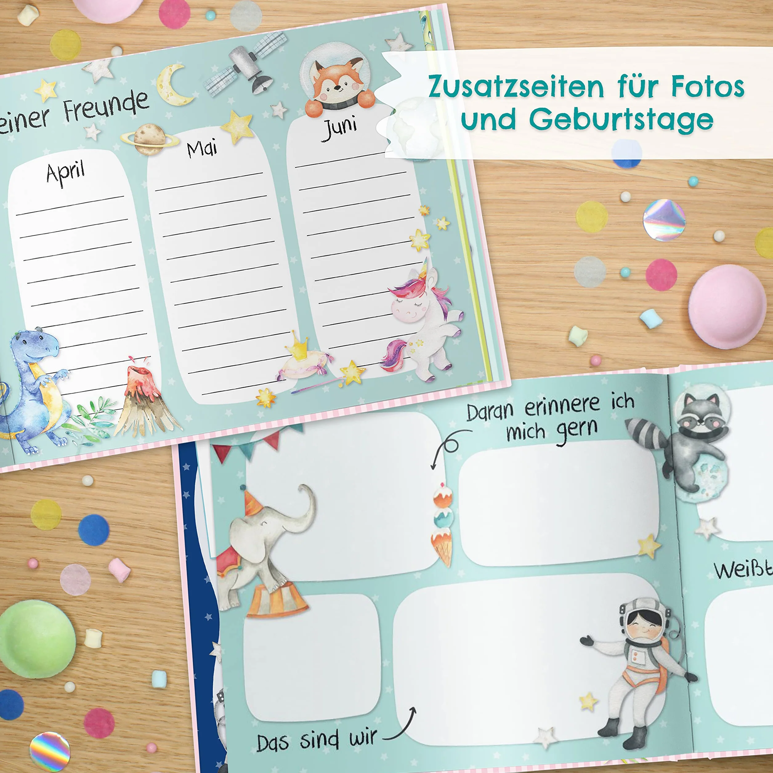 Papierdrachen Livre d'amitié pour enfants – Album de poésie avec dinosaures, chevaliers, astronautes – Vert – pour 27 amis