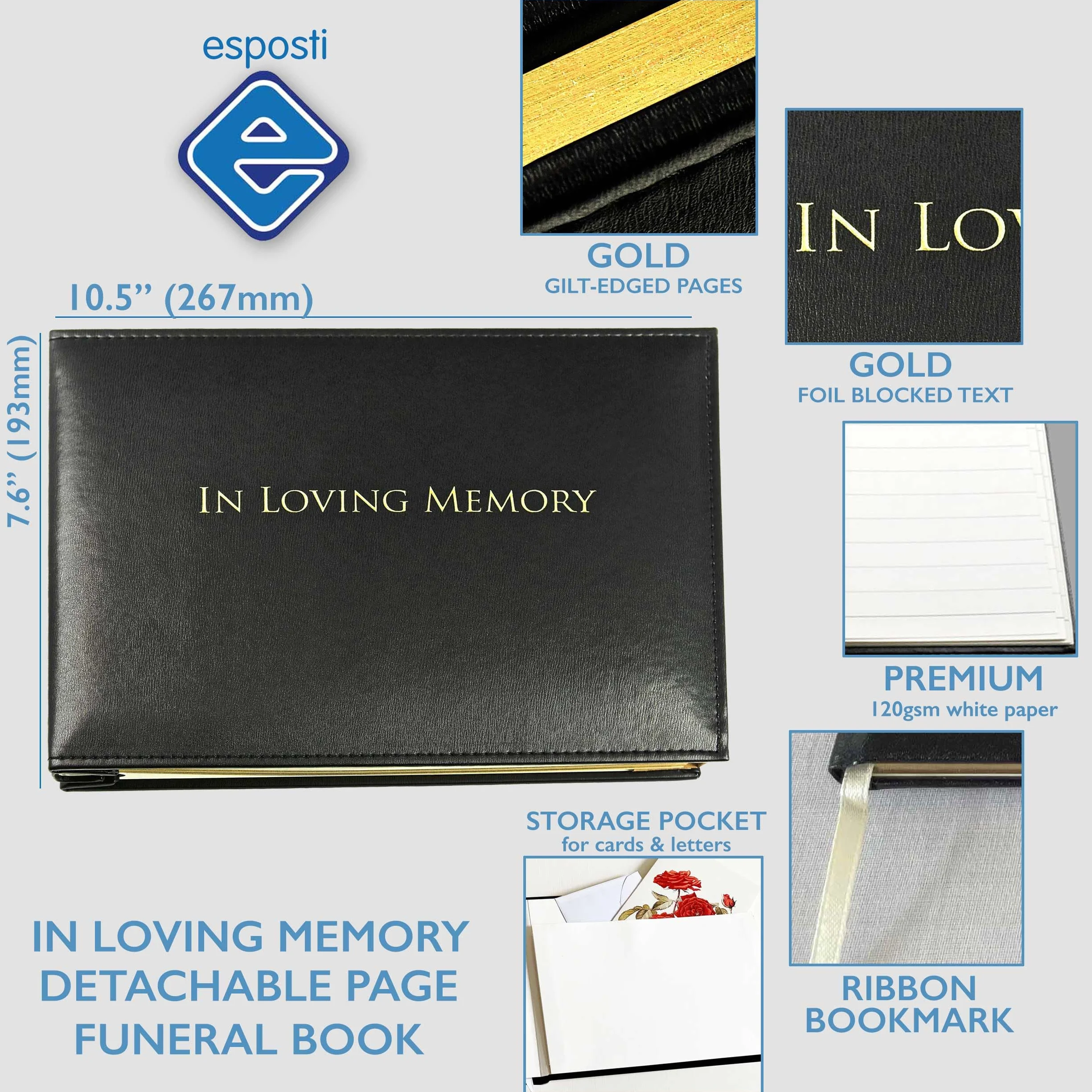 Livre de Condoléances In Loving Memory Feuilles en Vrac Registre Invités Funérailles Présentation en boîte Noir 26.5cm x 19.5cm x 3.1cm