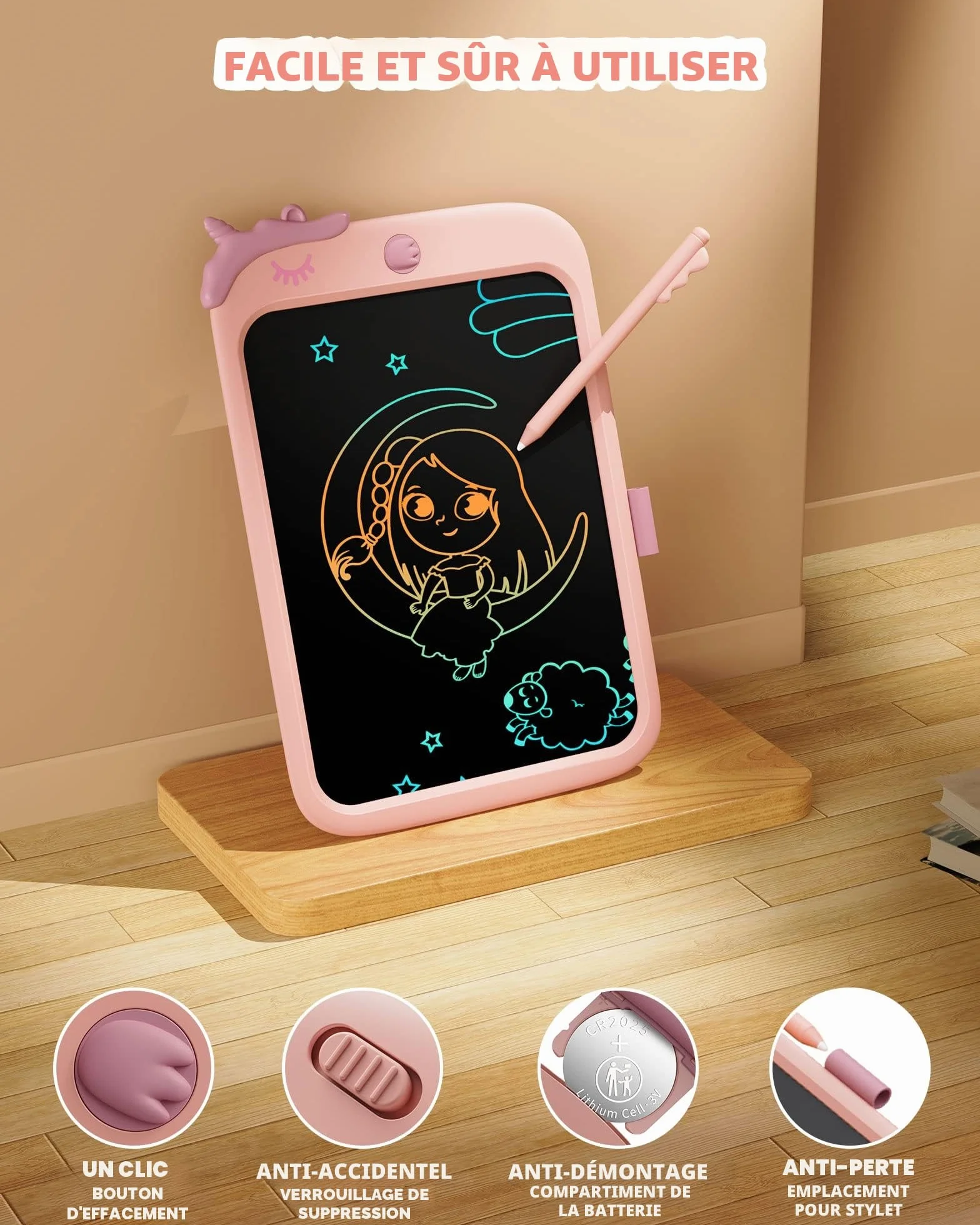 Tablette d'écriture LCD Licorne 10 pouces Doodle Board avec verrouillage jouet éducatif cadeau 3-6 ans Rose
