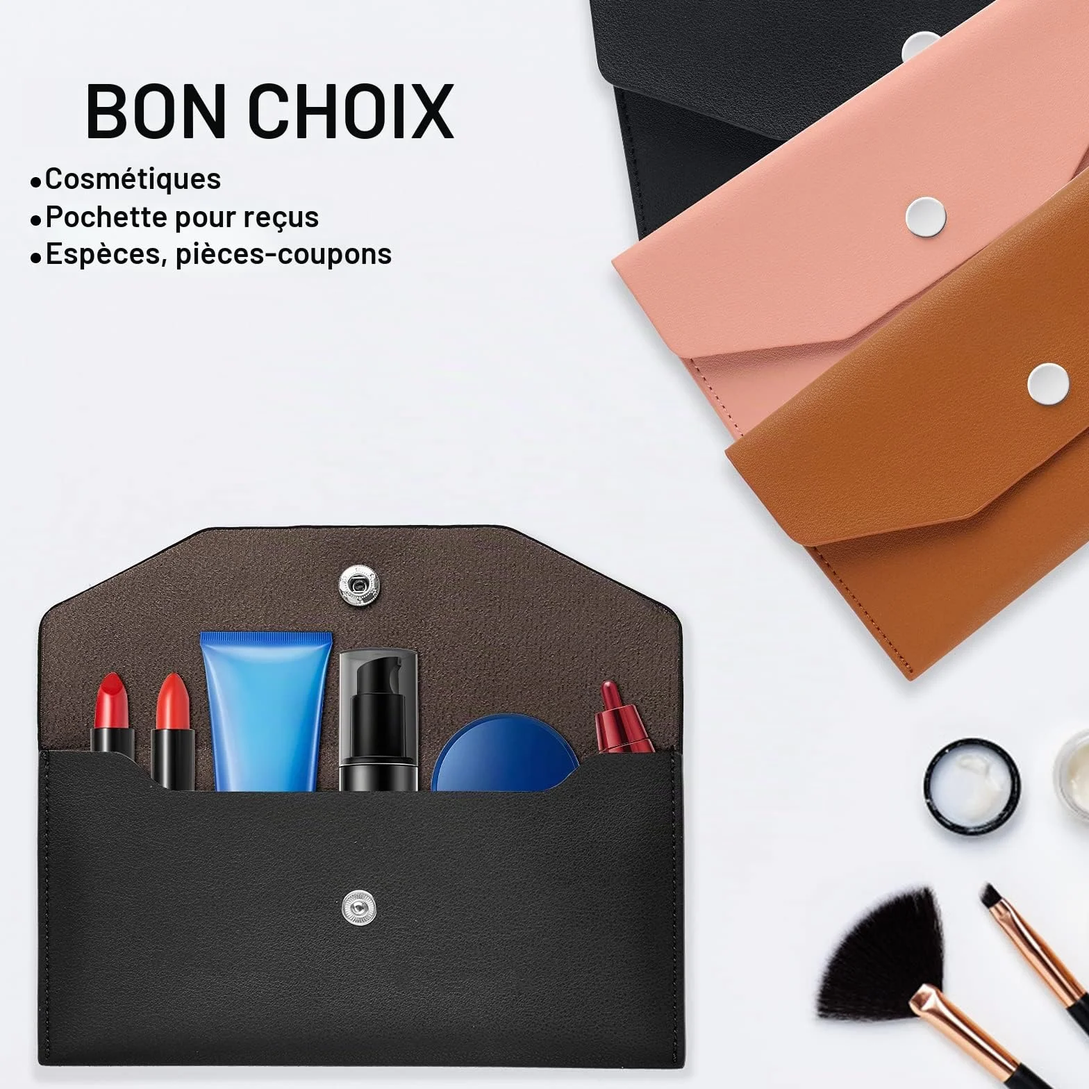 Molain Portefeuille d'enveloppe de trésorerie en cuir PU réutilisable 7,2 x 3,6 po Noir