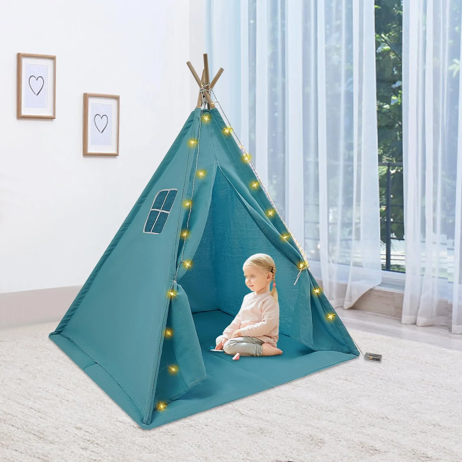Tente Tipi pour enfant avec tapis de sol et guirlande lumineuse - Tente de jeu pliable en coton 120 x 120 x 140 cm Bleu