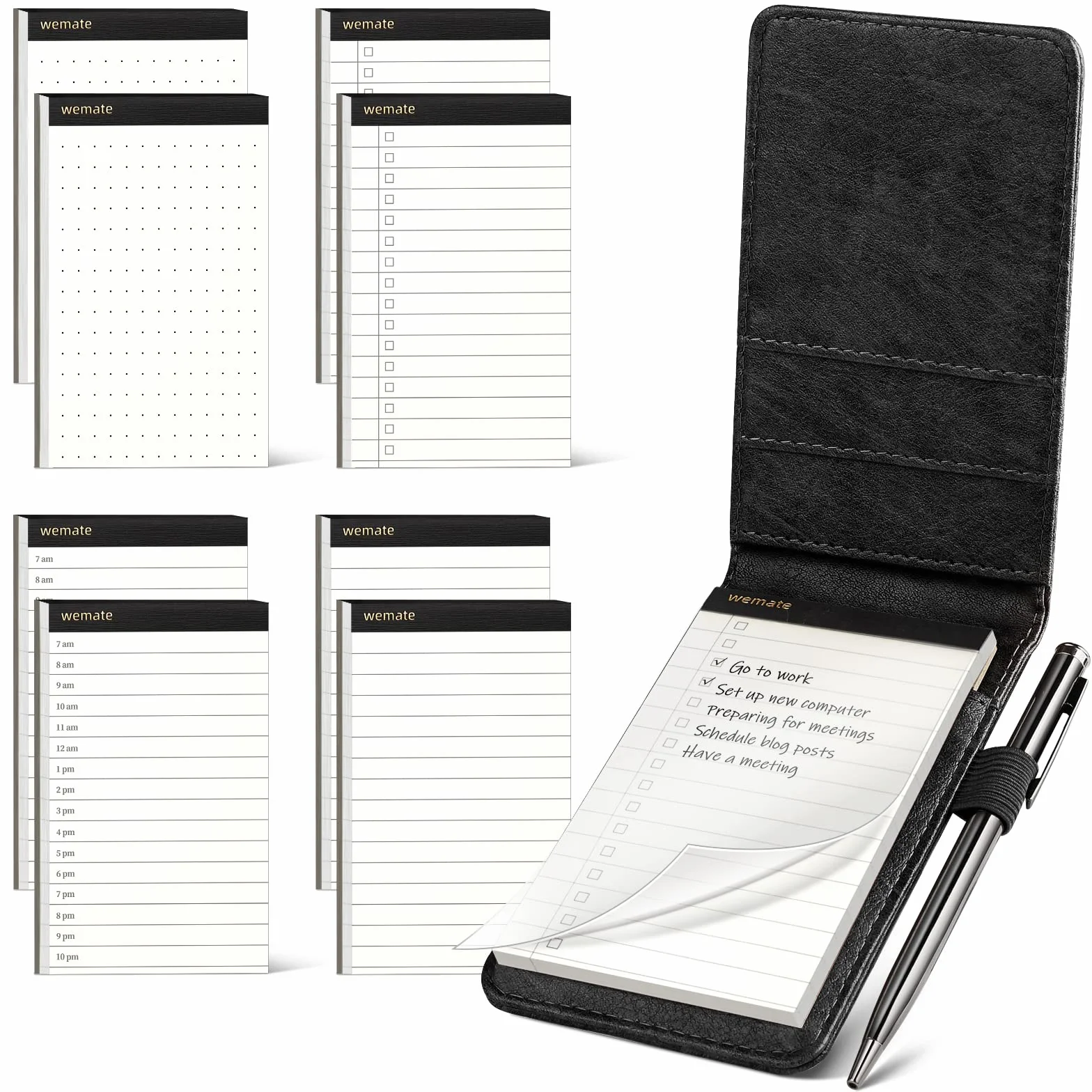 WEMATE 10 pièces Cuir PU Carnet de Poche Bloc Note avec recharges et stylo bille métal Noir