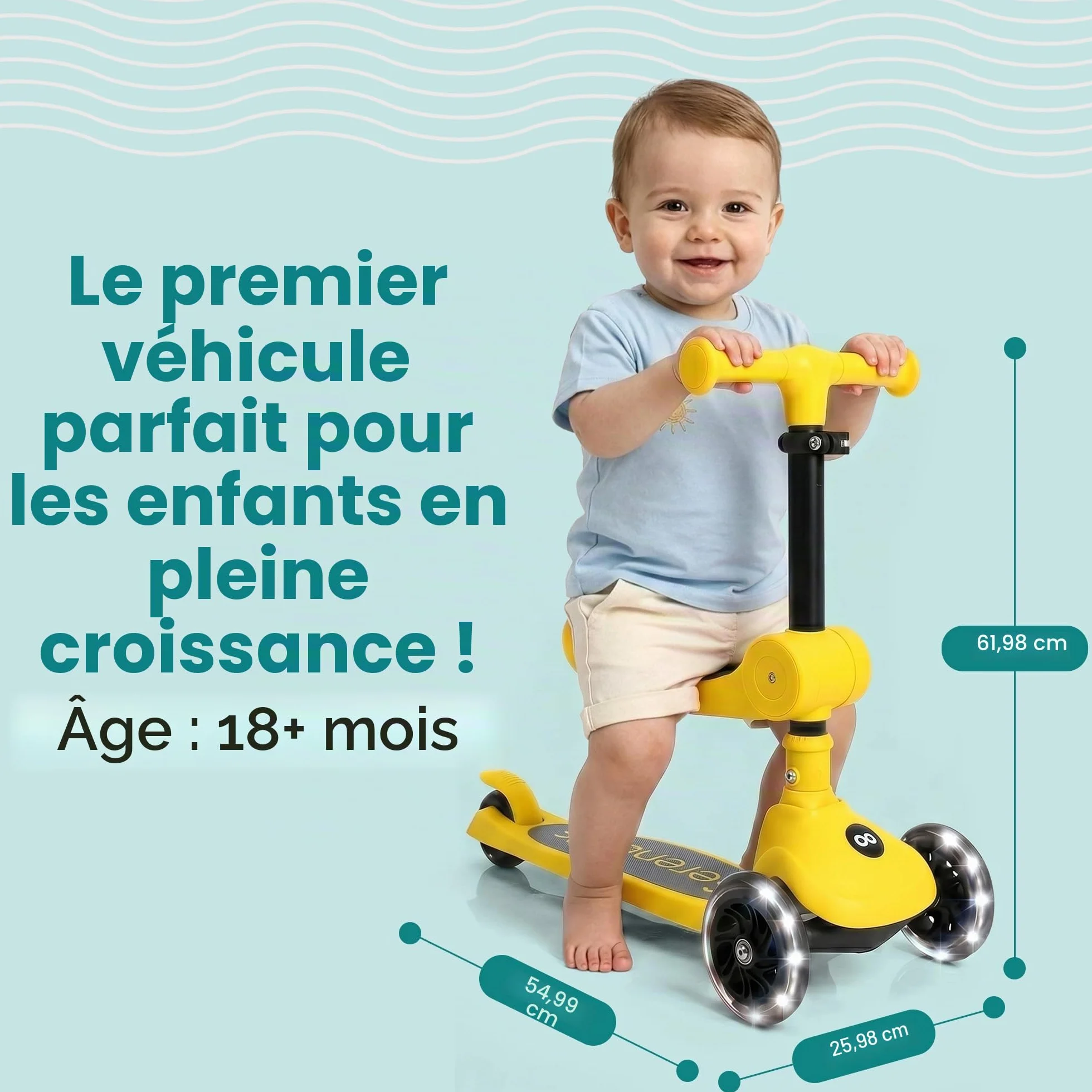 SereneLife Trottinette Enfant 2 en 1 avec Siège – 3 Roues Pliable, Hauteur Réglable, Roues LED
