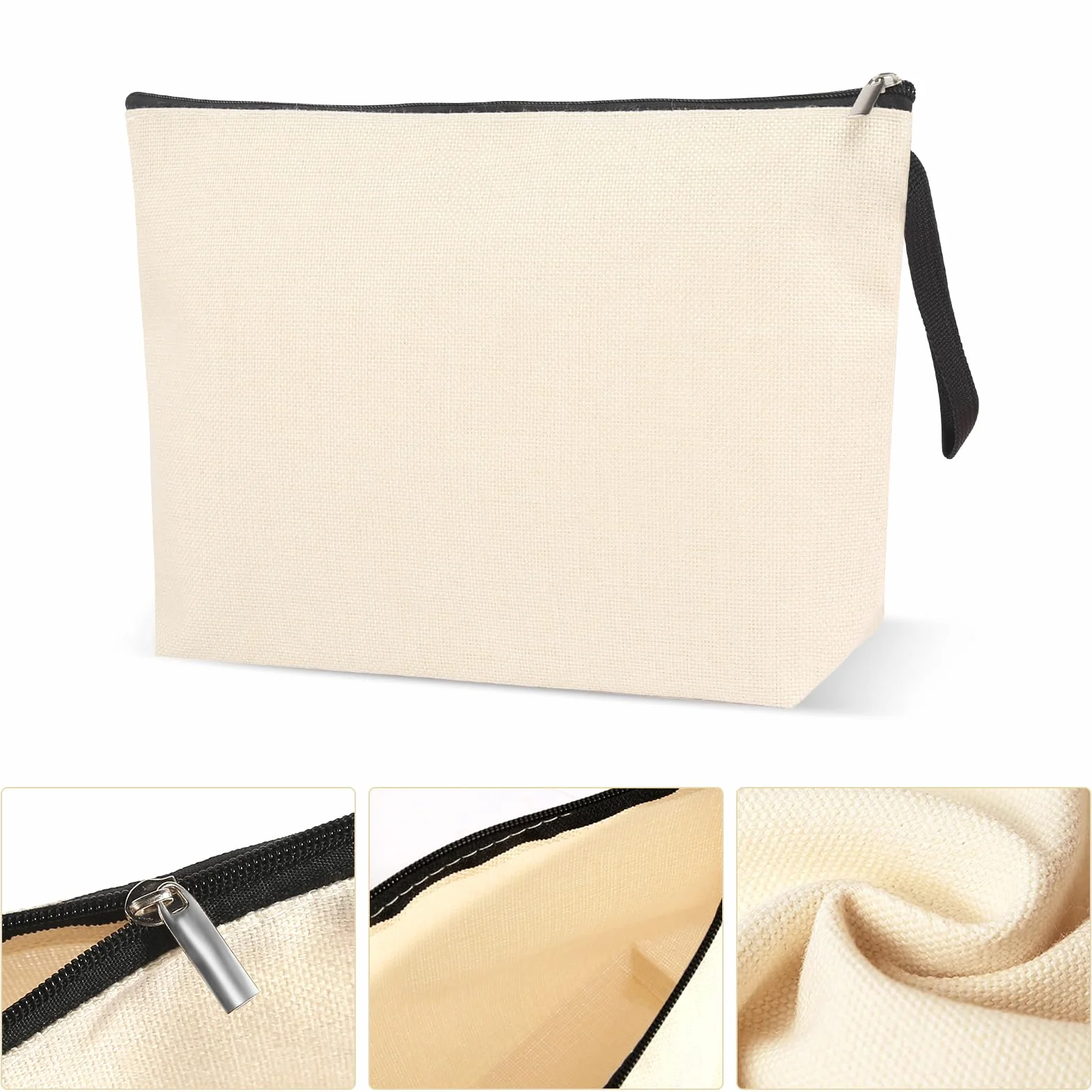 Trousse de Toilette Femme Pochette Tissu Zippée DIY Vierge Toile Rangement Voyage 4 Pièces