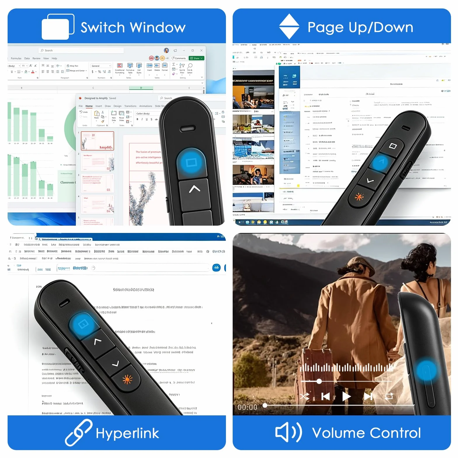 Télécommande de Présentation sans Fil 2-en-1 USB-C & USB-A, Pointeur PowerPoint 2,4 GHz avec Contrôle du Volume et Hyperliens
