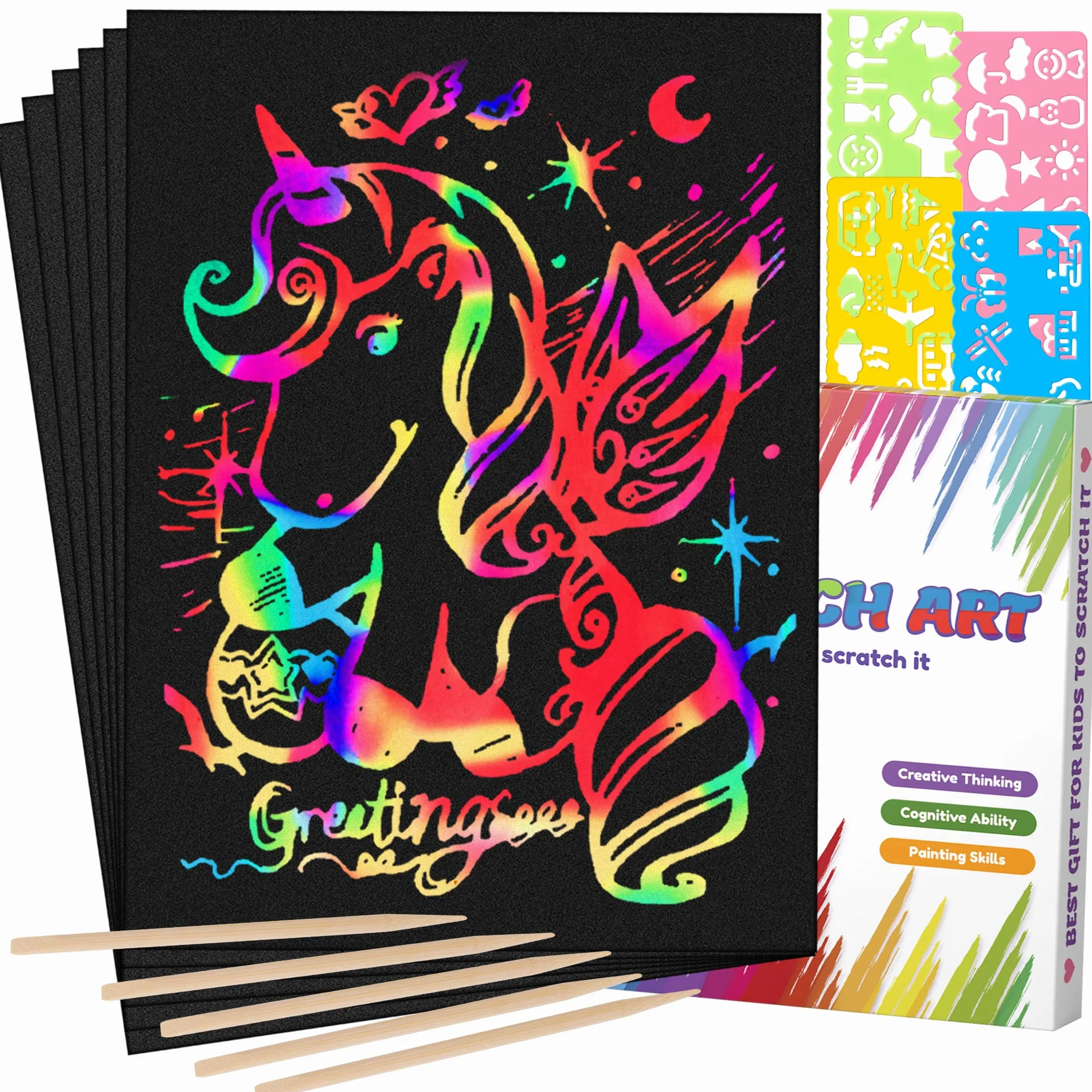 Mocoosy Papier Gratter pour Enfants 60pcs Feuilles Arc-en-Ciel avec Pochoirs et Stylets