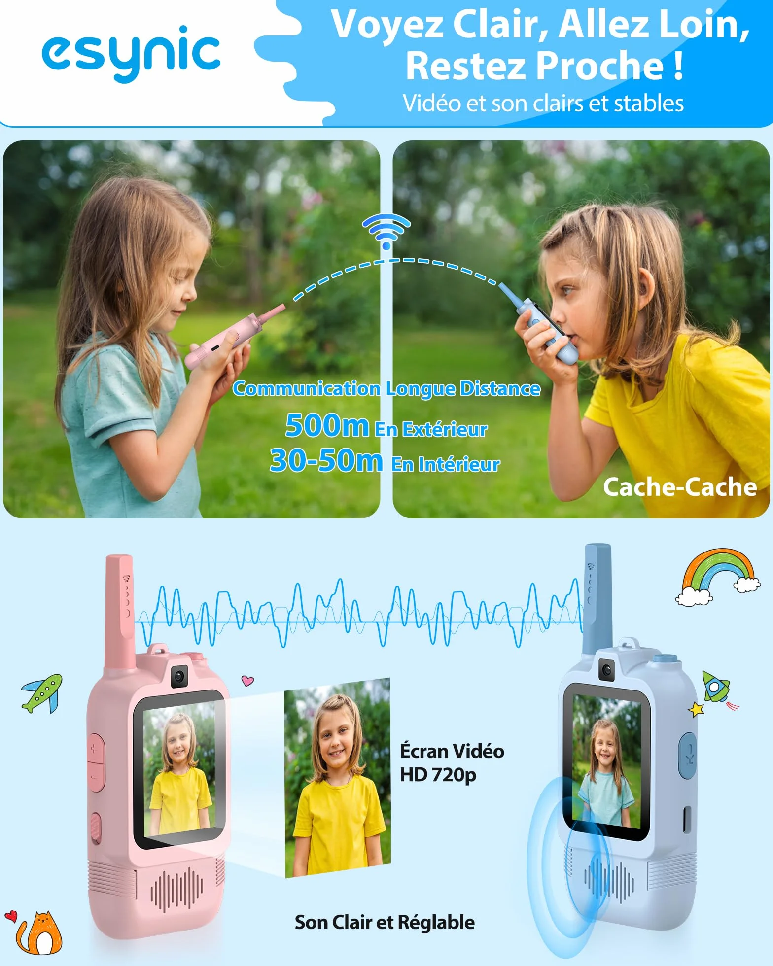 eSynic Talkie Walkie Enfants Double Caméra Appels Vidéo Portée 500m Rechargeable Rose+Bleu