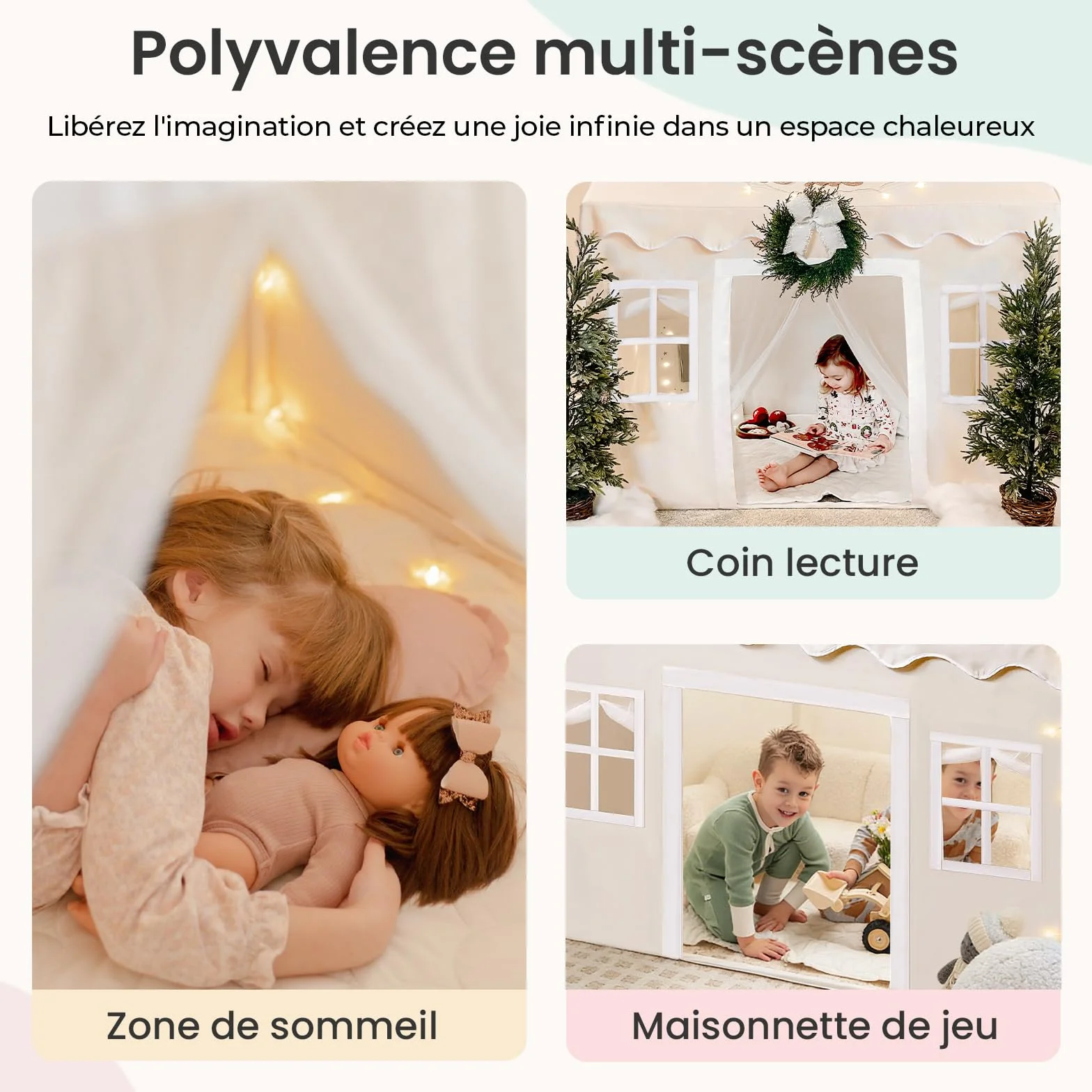 Tiny Land Tente de Jeu pour Enfants avec Tapis et Lumières de Chaîne 4m, Cabane Enfant Intérieur Extérieur, Château Princesse 133x90x136 cm